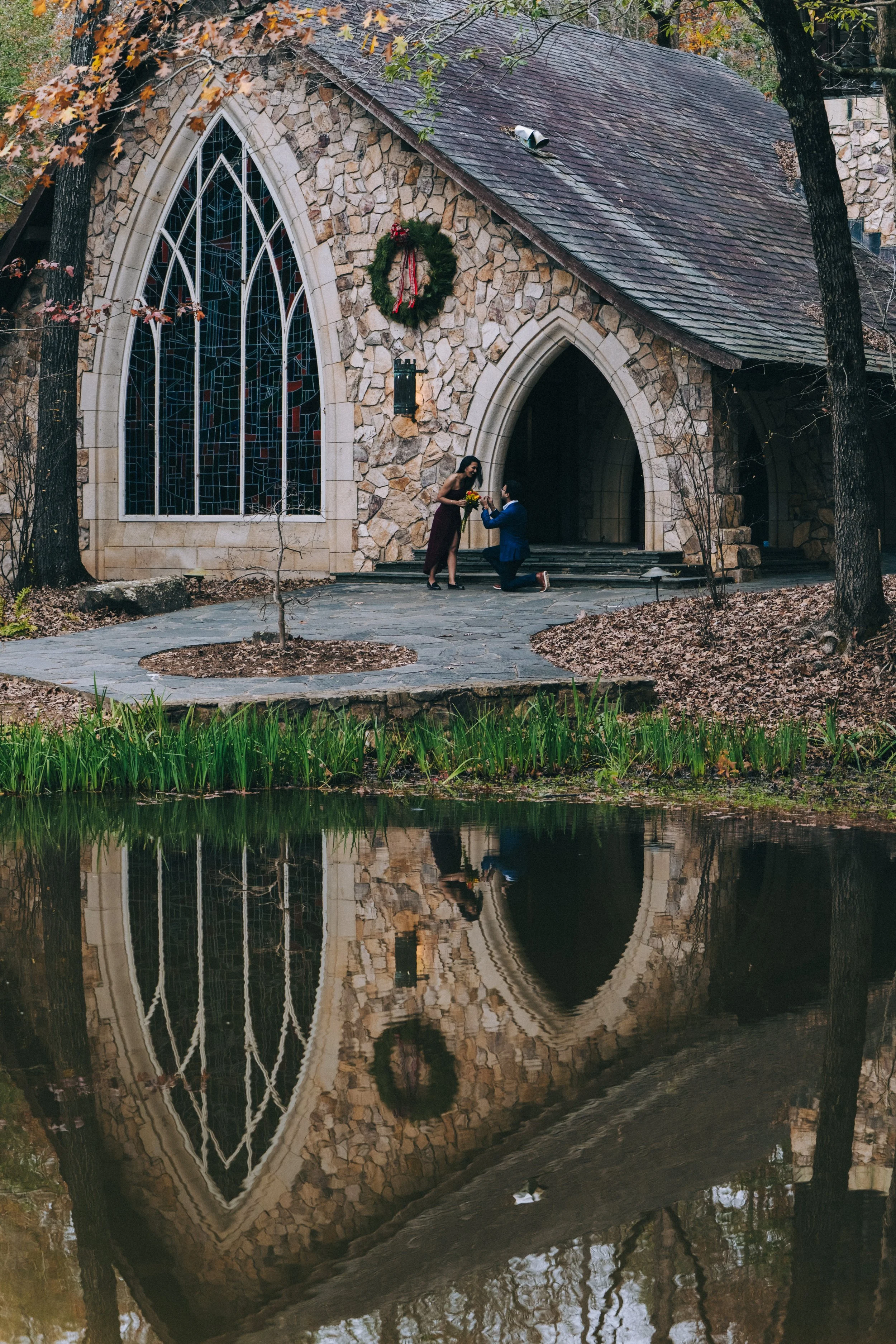 Stone Chapel Reflection – Proposal photography· elegant reflection by a stone chapel for timeless storytelling.