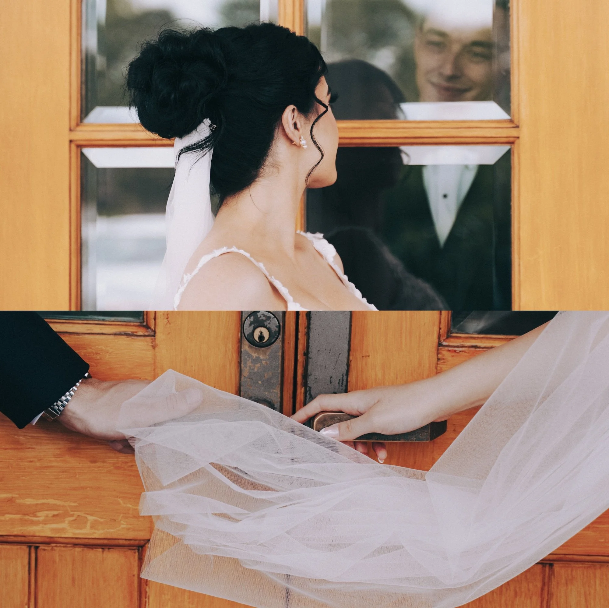 A bride sits indoors, captured in quiet reflection, light falling softly on her face in cinematic tone.