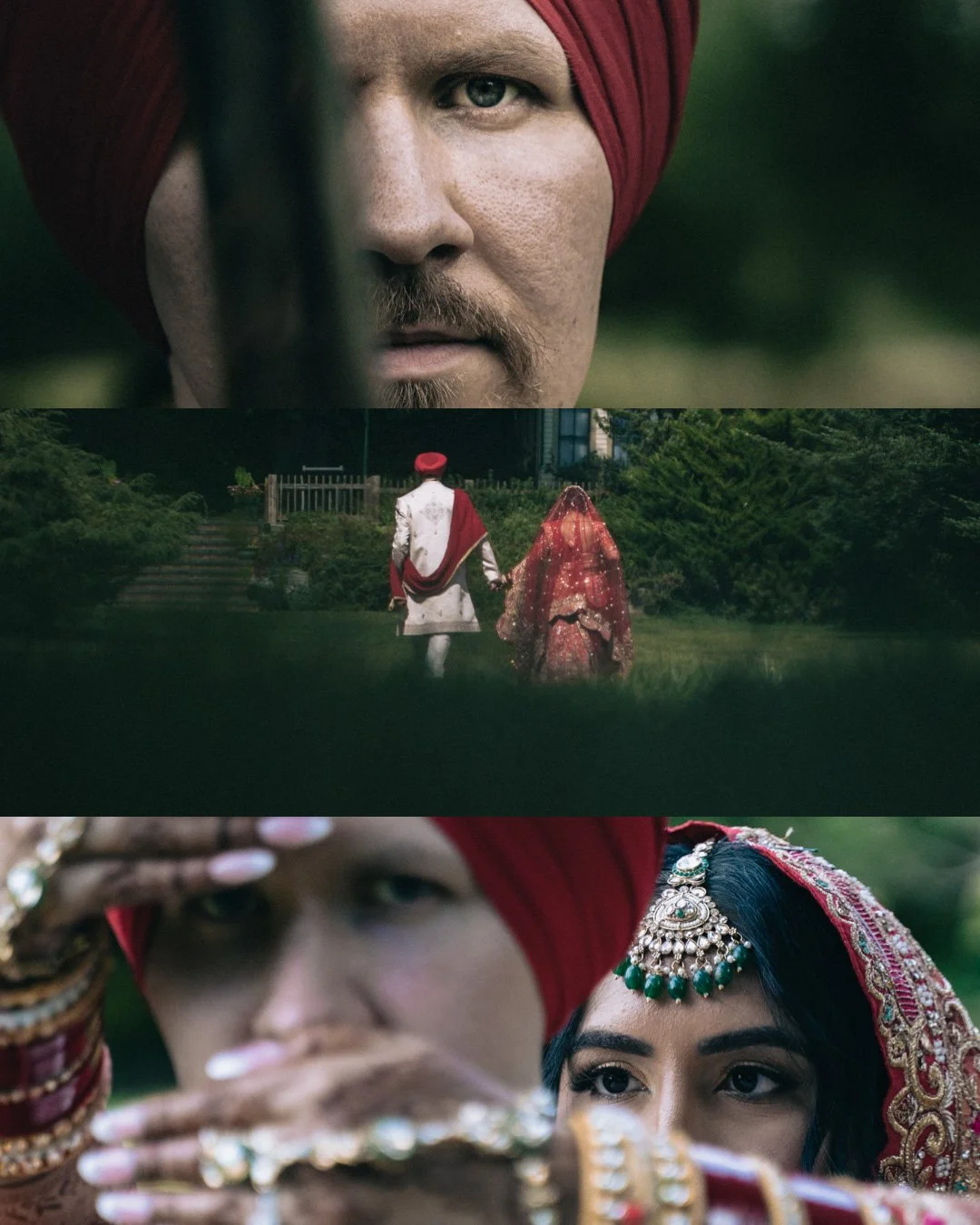 Close-up cinematic portraits of the groom and bride in traditional attire, inspired by India’s heritage weddings, captured by Caz Isaiah