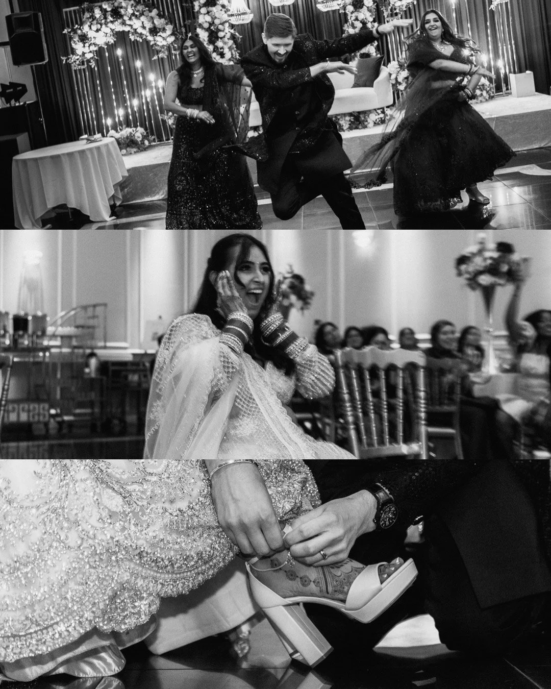 Guests celebrate with the couple on the dance floor, preserved in black and white with cinematic depth