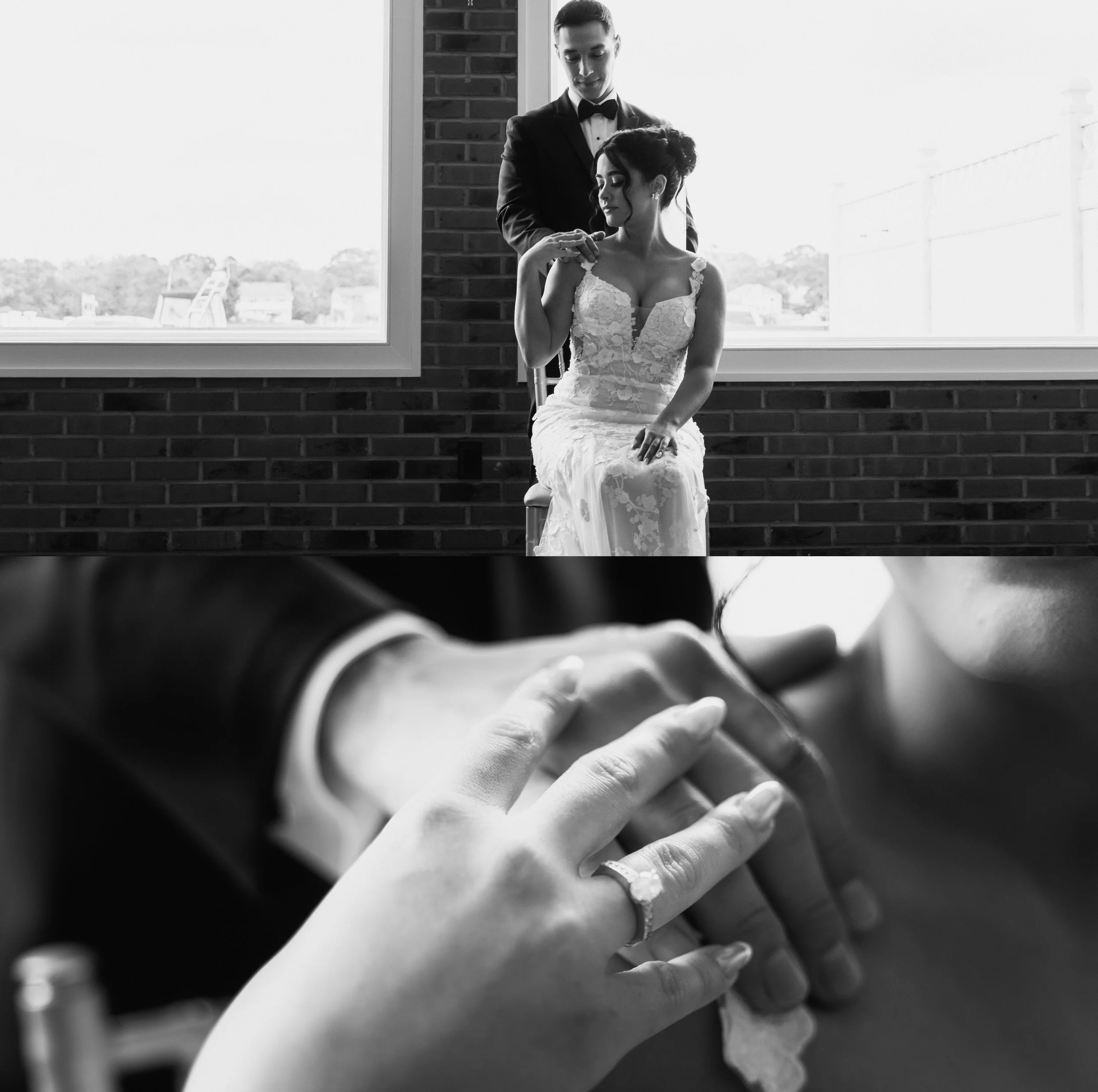 The groom prepares inside a sunlit room, shirt buttoned, posture grounded.