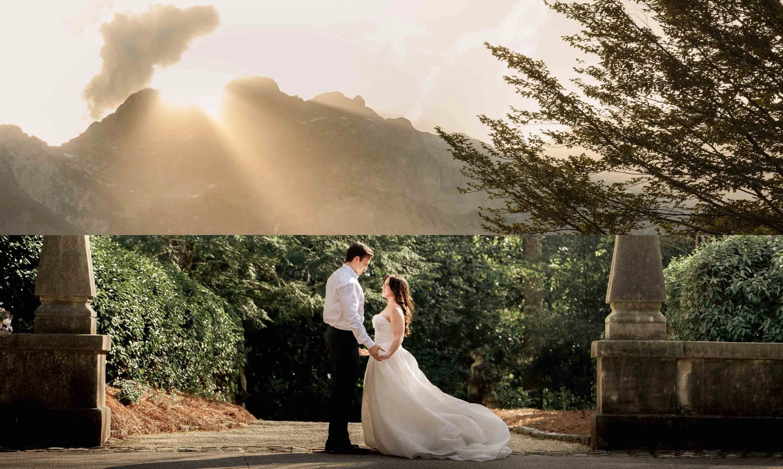 Bride and groom stand together at sunset, mountains glowing in the background as they hold hands in cinematic light inspired by The Rainbow Room.