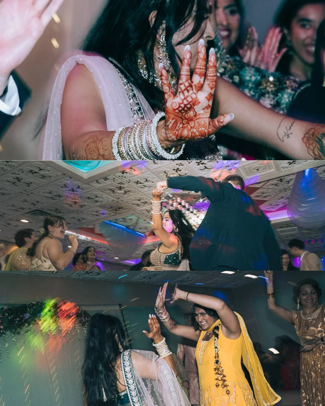 Guests dancing during the wedding celebration, hands raised with energy and vibrant light filling the scene