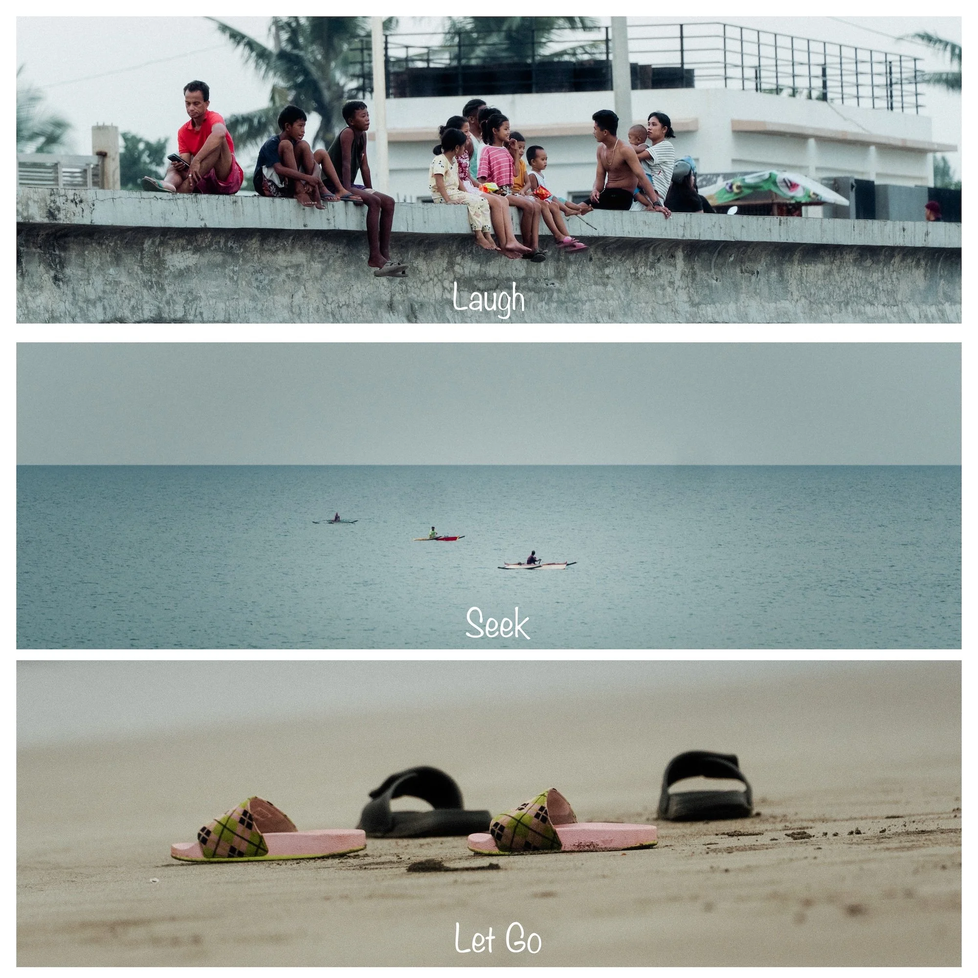 Friends sitting on a beach, the horizon layered with sea and sky in minimalist composition