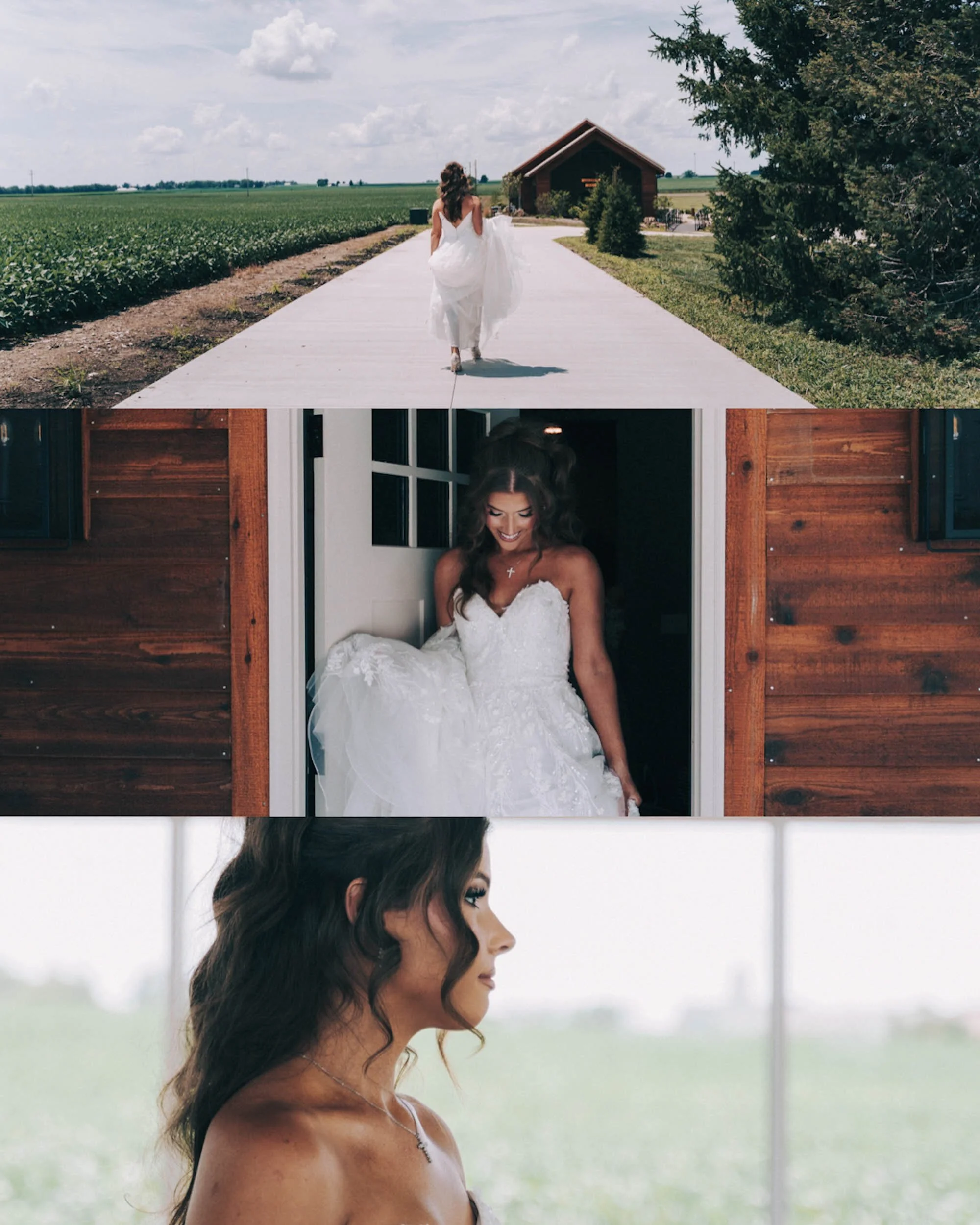 Bride walks down rustic wooden path in wedding gown, cinematic stillness in motion