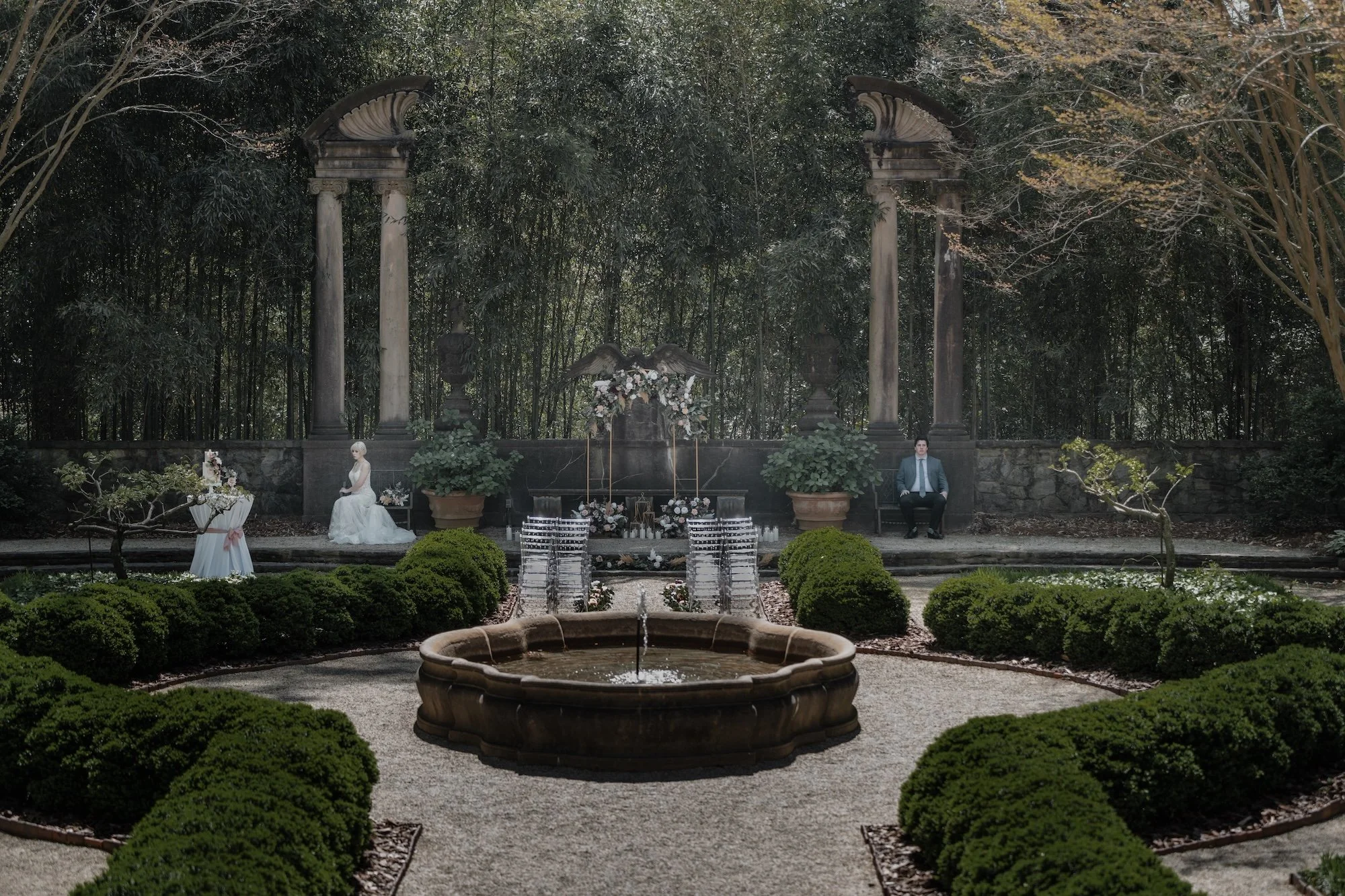 couple in enchanted inanimate wedding venue