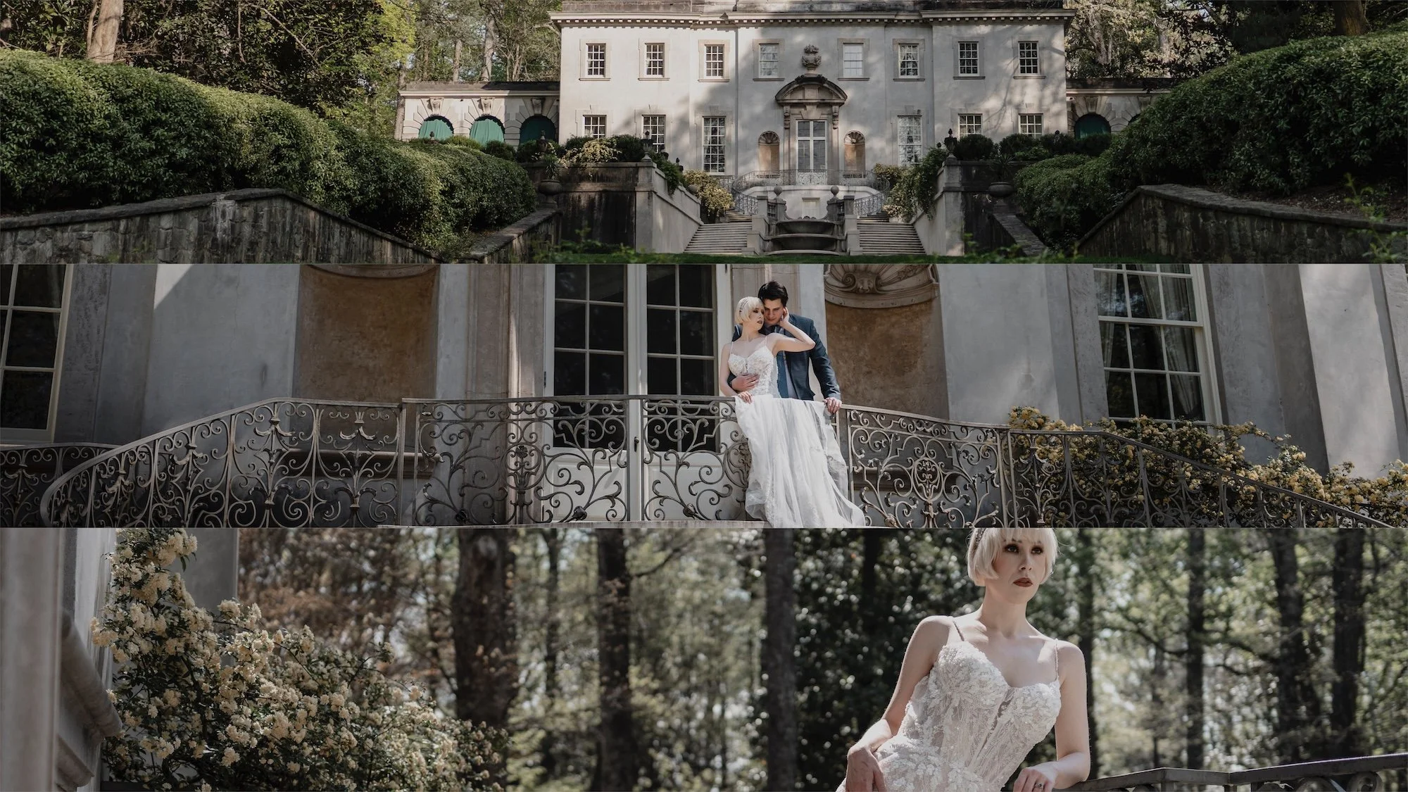A bride descends stone stairs, her gown following in layered detail as the villa façade rises behind her.
