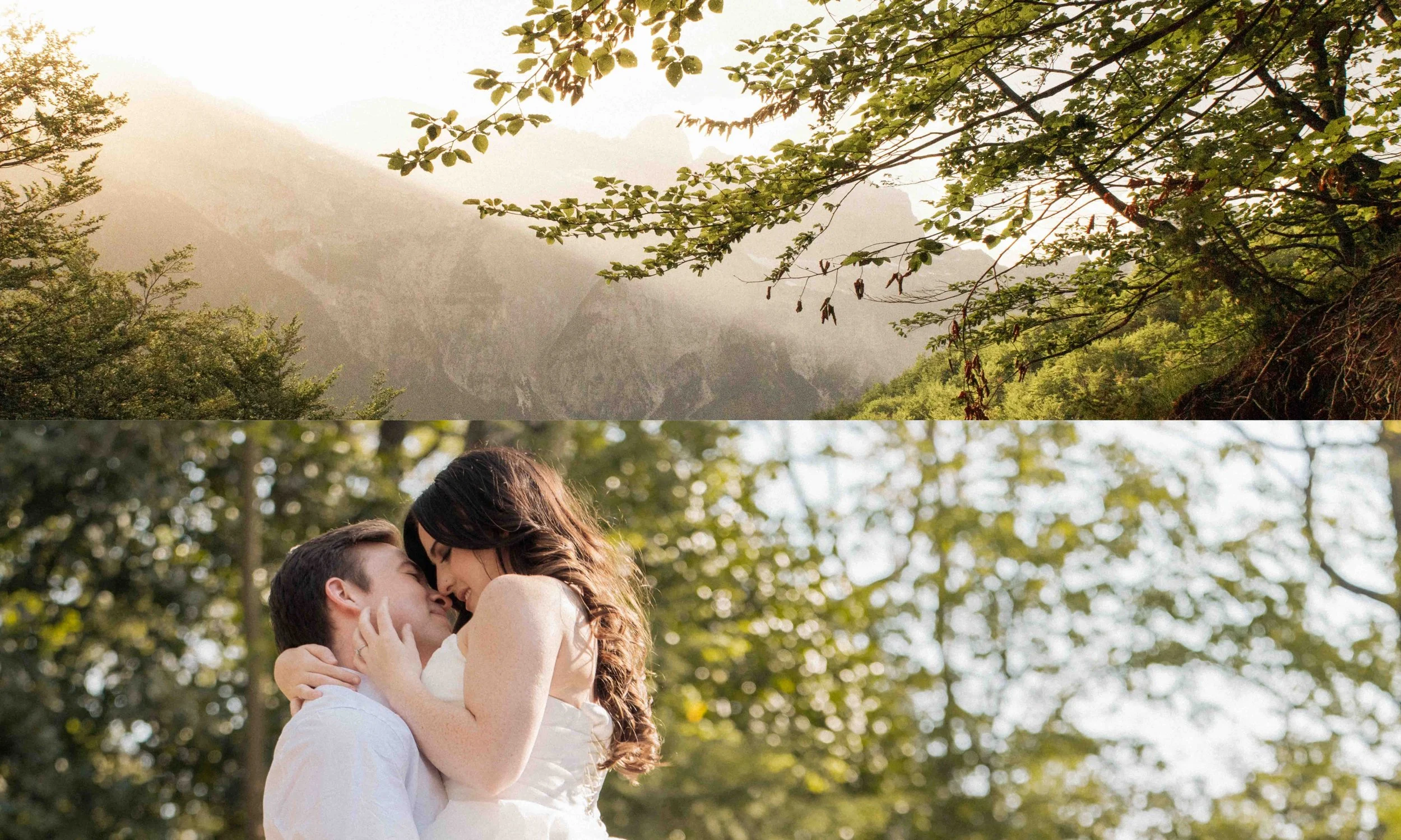 Bride and groom embrace in soft golden light beneath trees, cinematic portrait inspired by Namibia Wedding Photographer