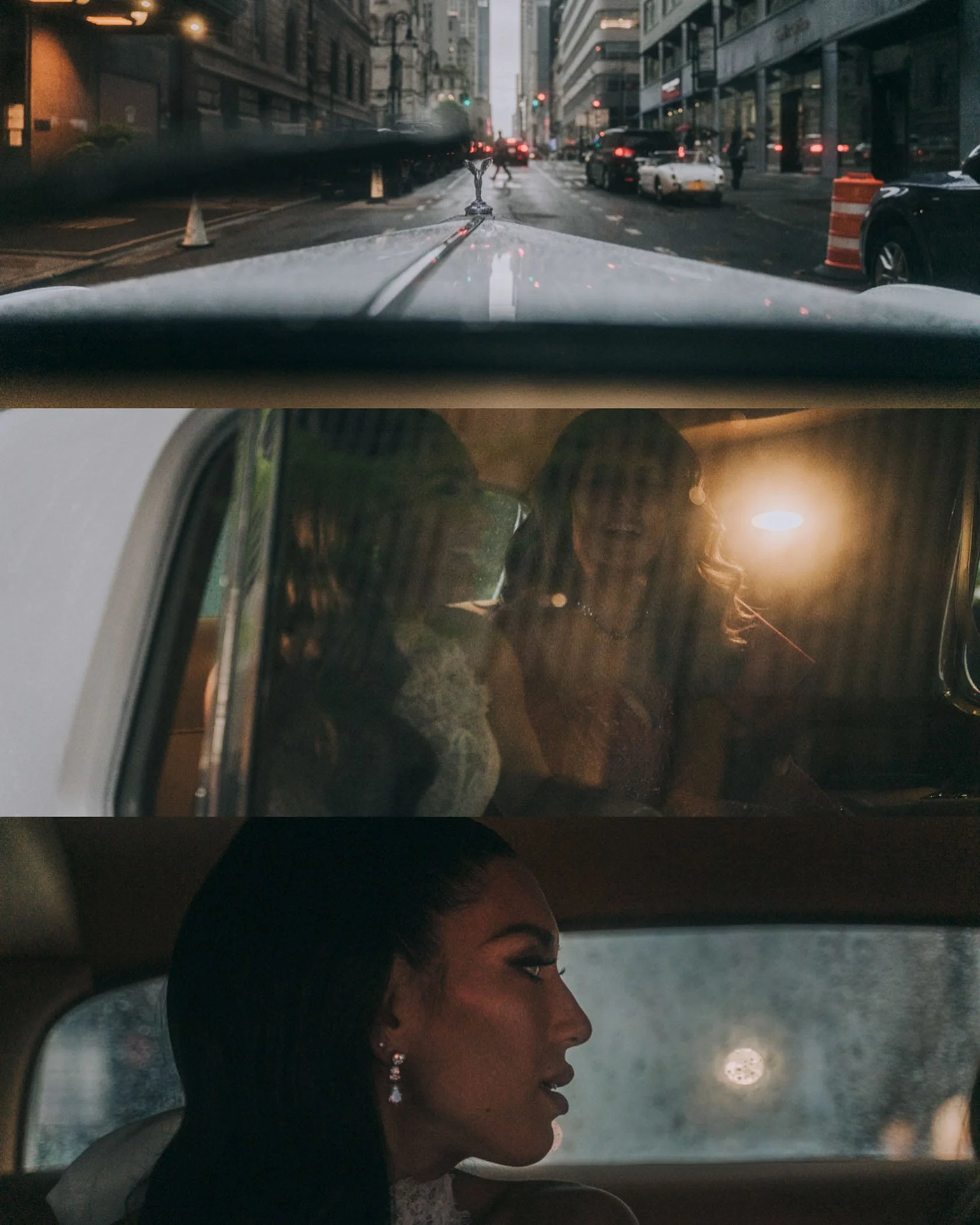Bride in a vintage Rolls Royce in the rainy moody streets of NYC.