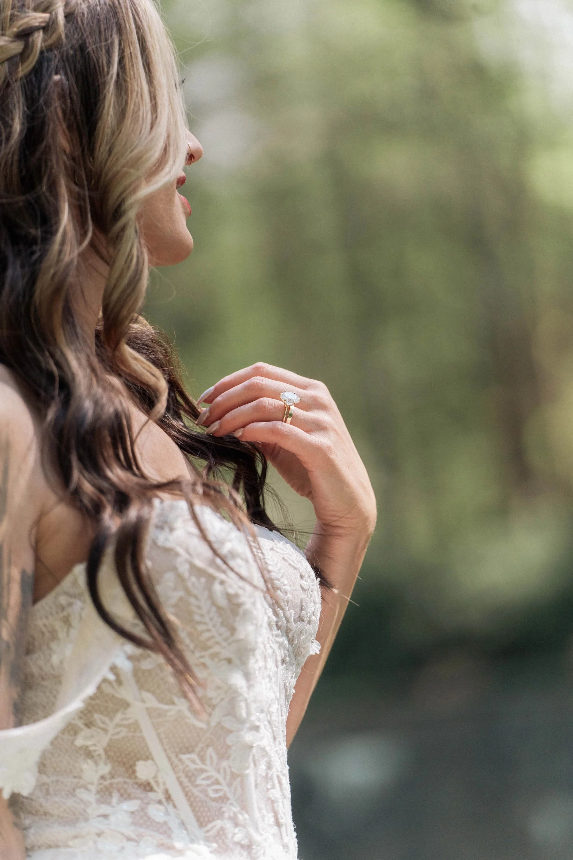 Bride shown in close-up with her hair falling softly, cinematic portrait inspired by Norway wedding artistry.