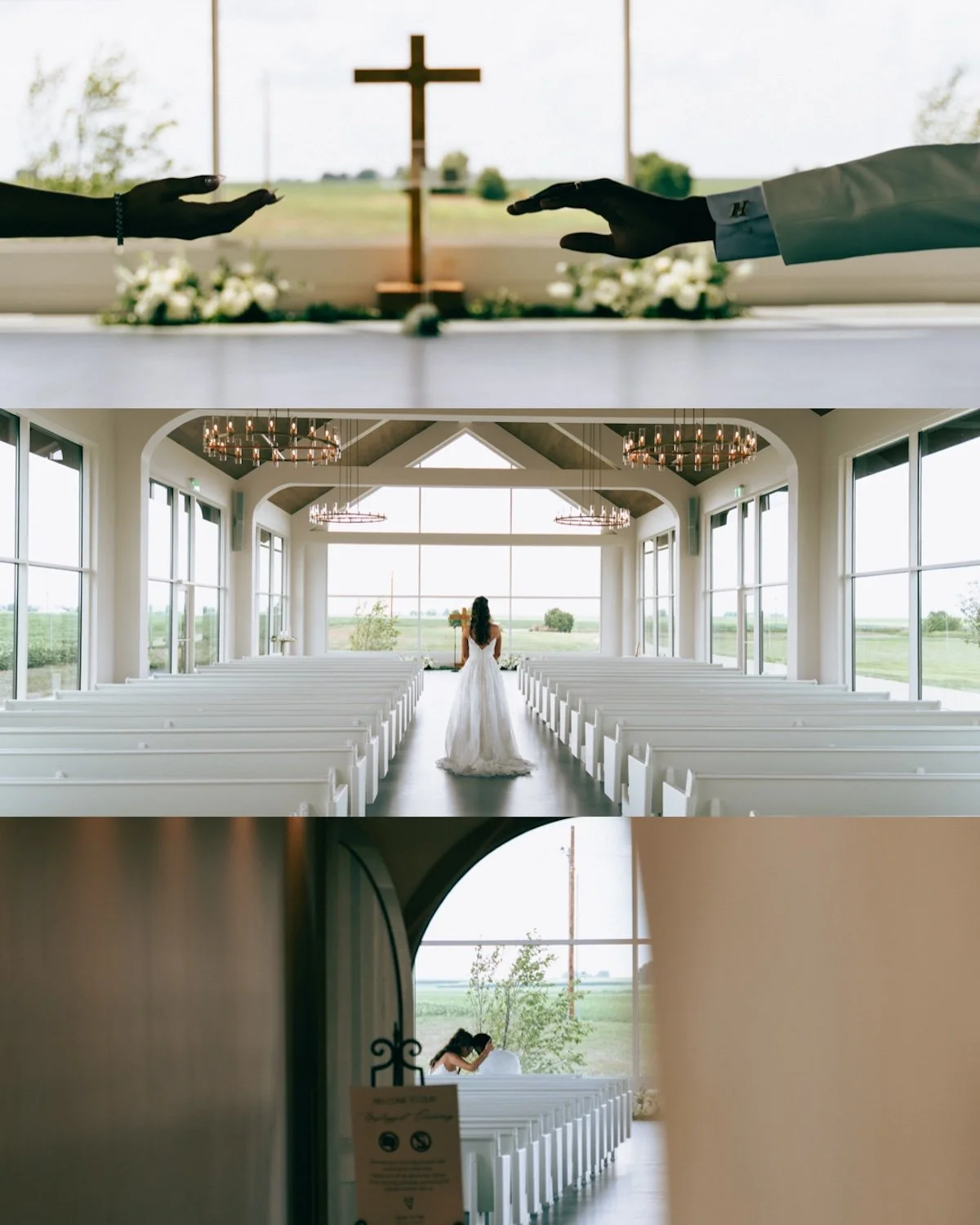 Aisle perspective with floral arrangements and high ceilings, bride walking toward the altar in cinematic fashion.