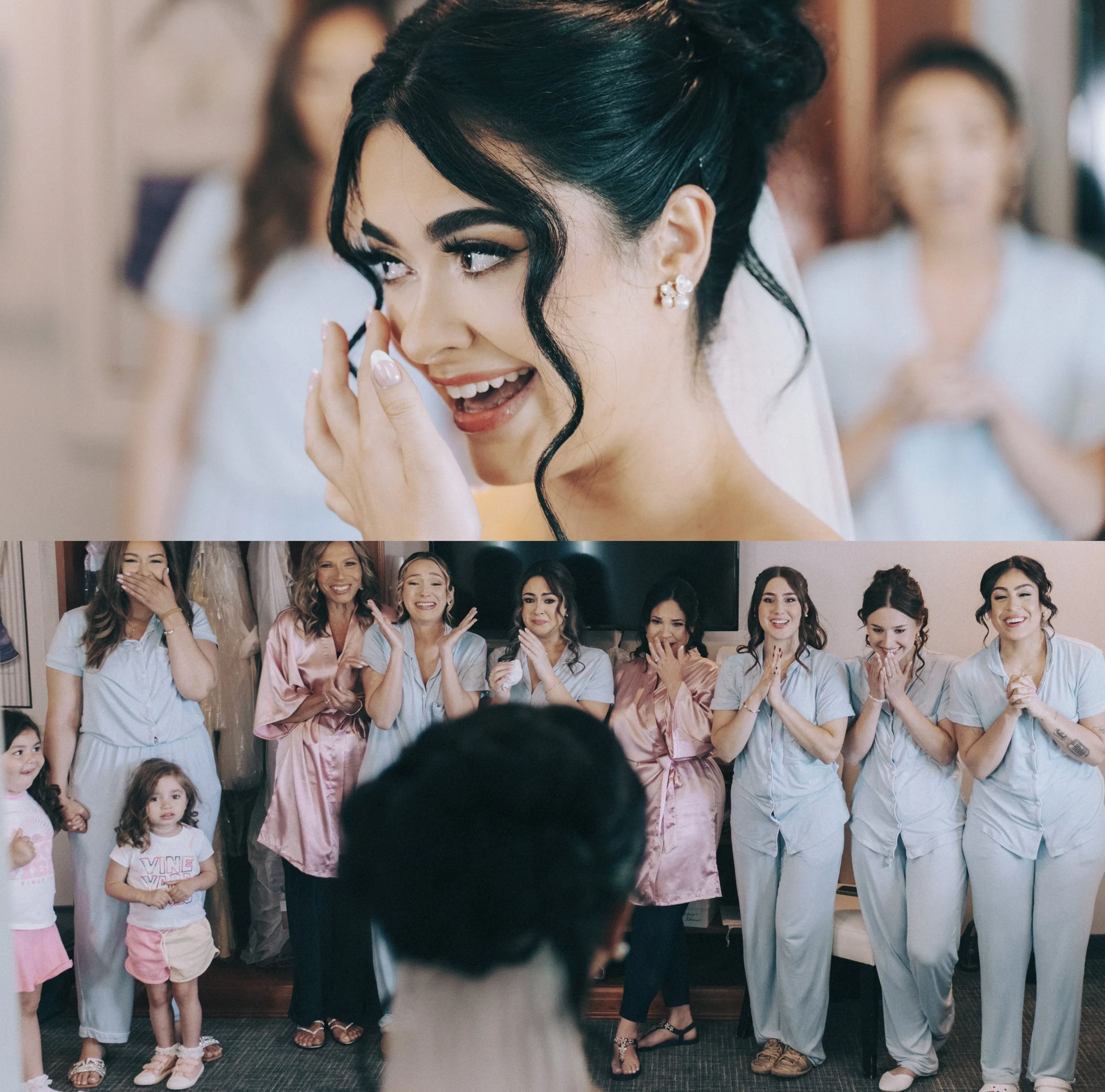 The bride lifts her hand to her face in tender anticipation, a portrait rendered with cinematic focus.