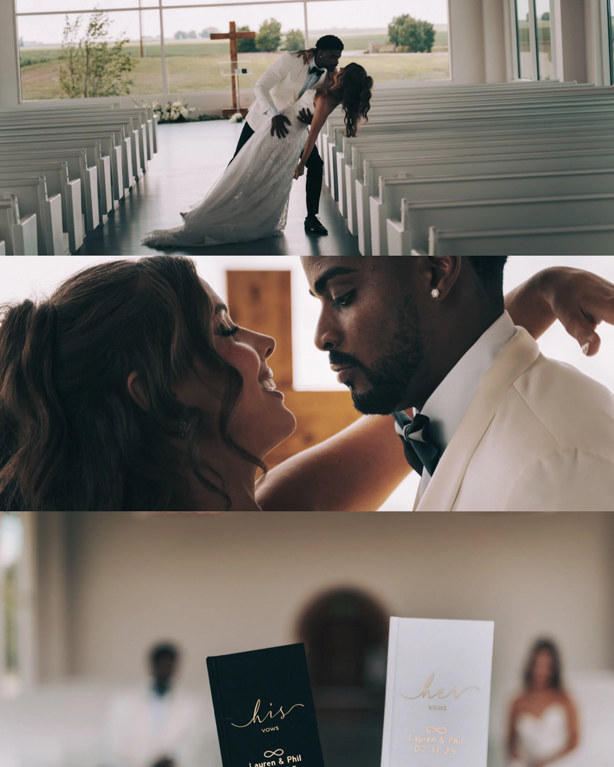 A groom dips his bride inside a modern white chapel, her gown flowing across the aisle as they kiss, inspired by Beverly Hills Hotel Wedding Photography.