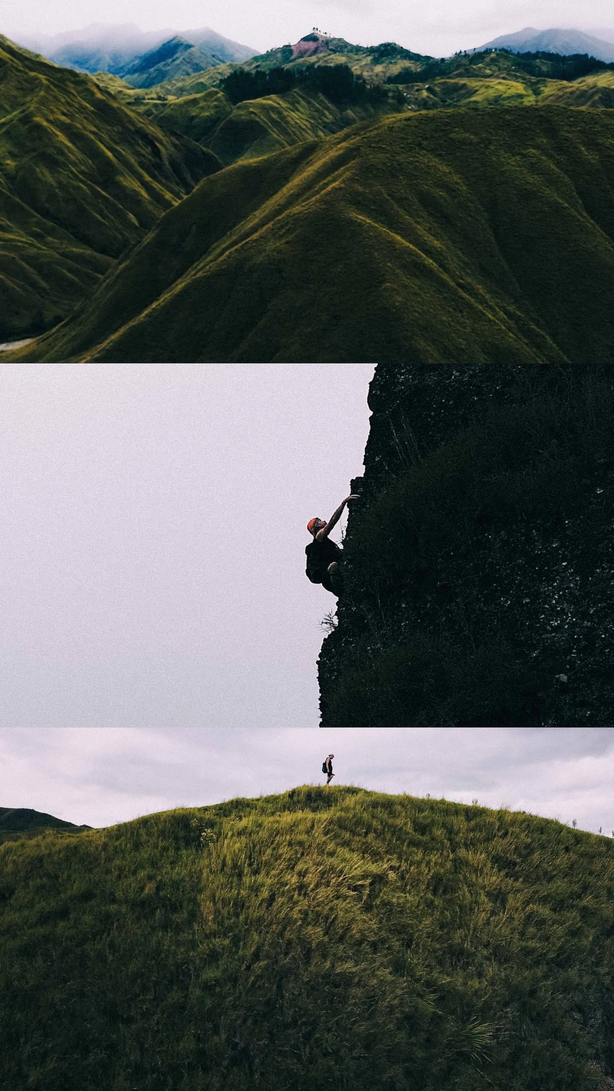 Silhouetted figure climbing a cliffside at dusk, the scene unfolding with balance between shadow and sky.