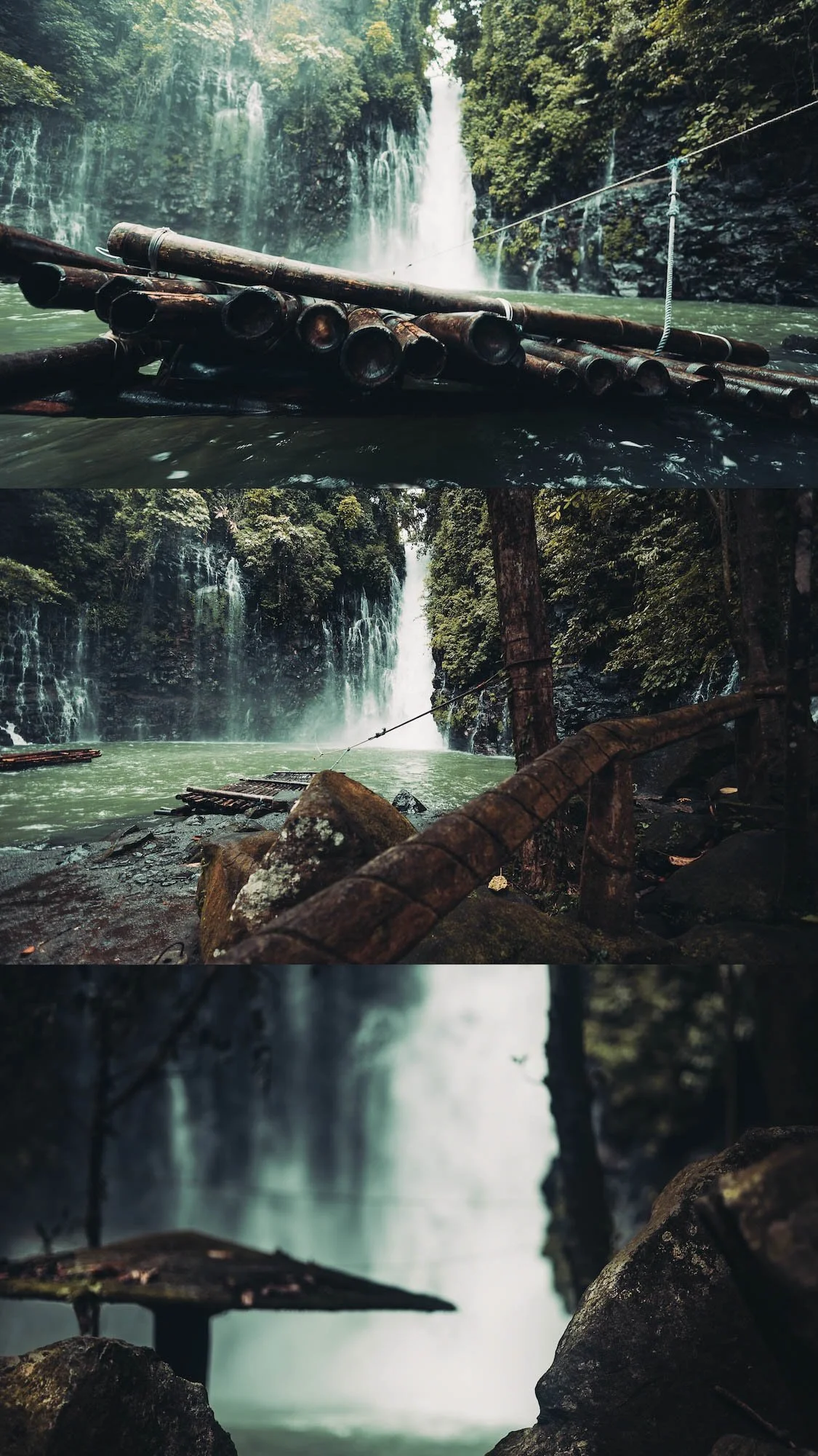 Epic waterfall rushing in misty mountains