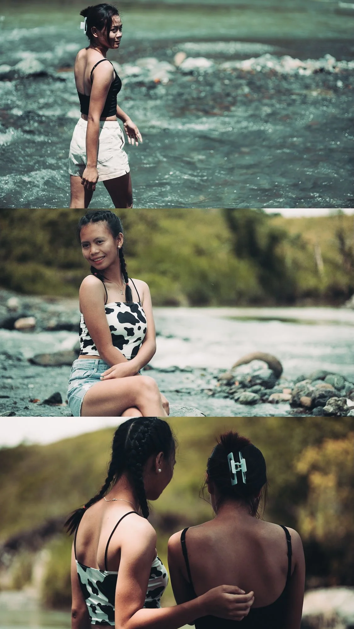 Girls seated along a riverbank, casual Bali couples photography inspired by nature