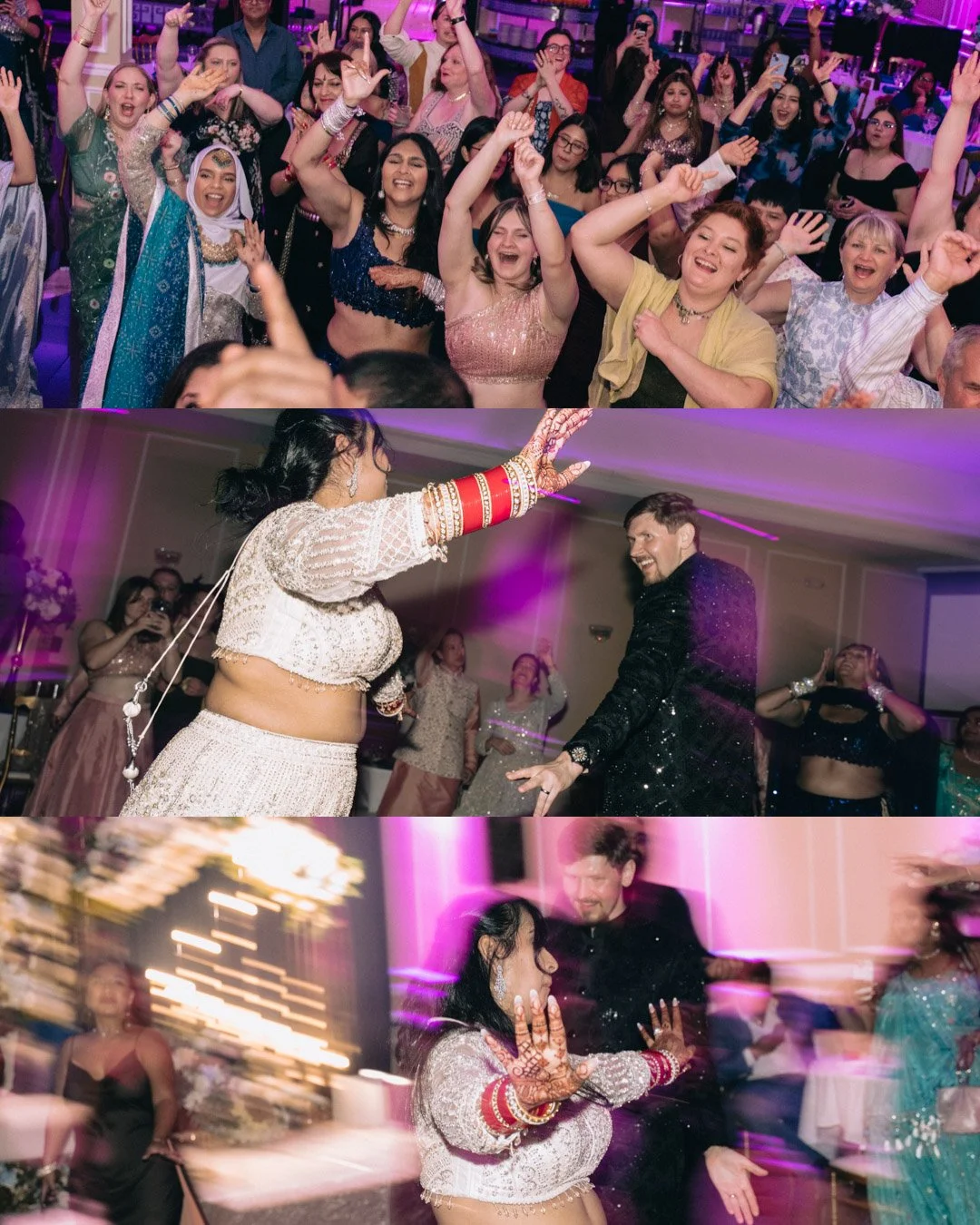 Bride dancing with guests on the reception floor, hands lifted in joy, captured in editorial style inspired by India weddings
