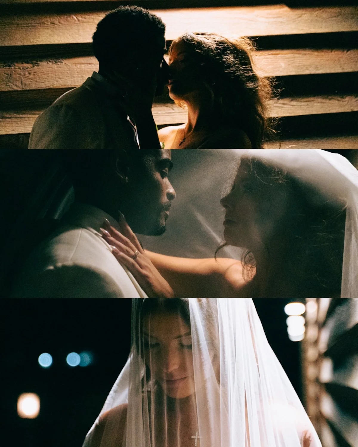 Intimate wedding moment at 620 Loft & Garden — bride and groom holding each other under the city lights, captured with cinematic artistry.
