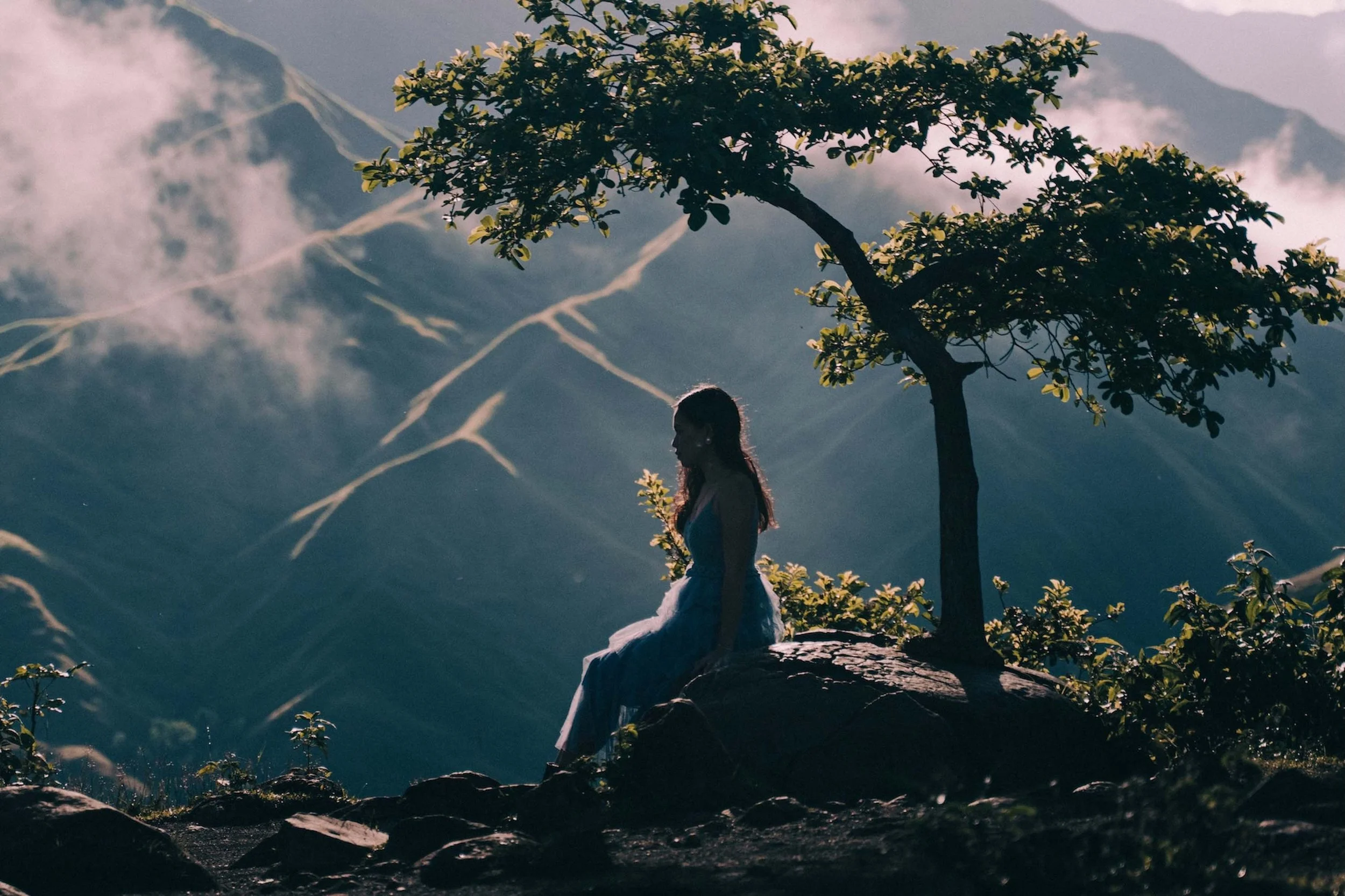 portrait of girl in the mountains of mist