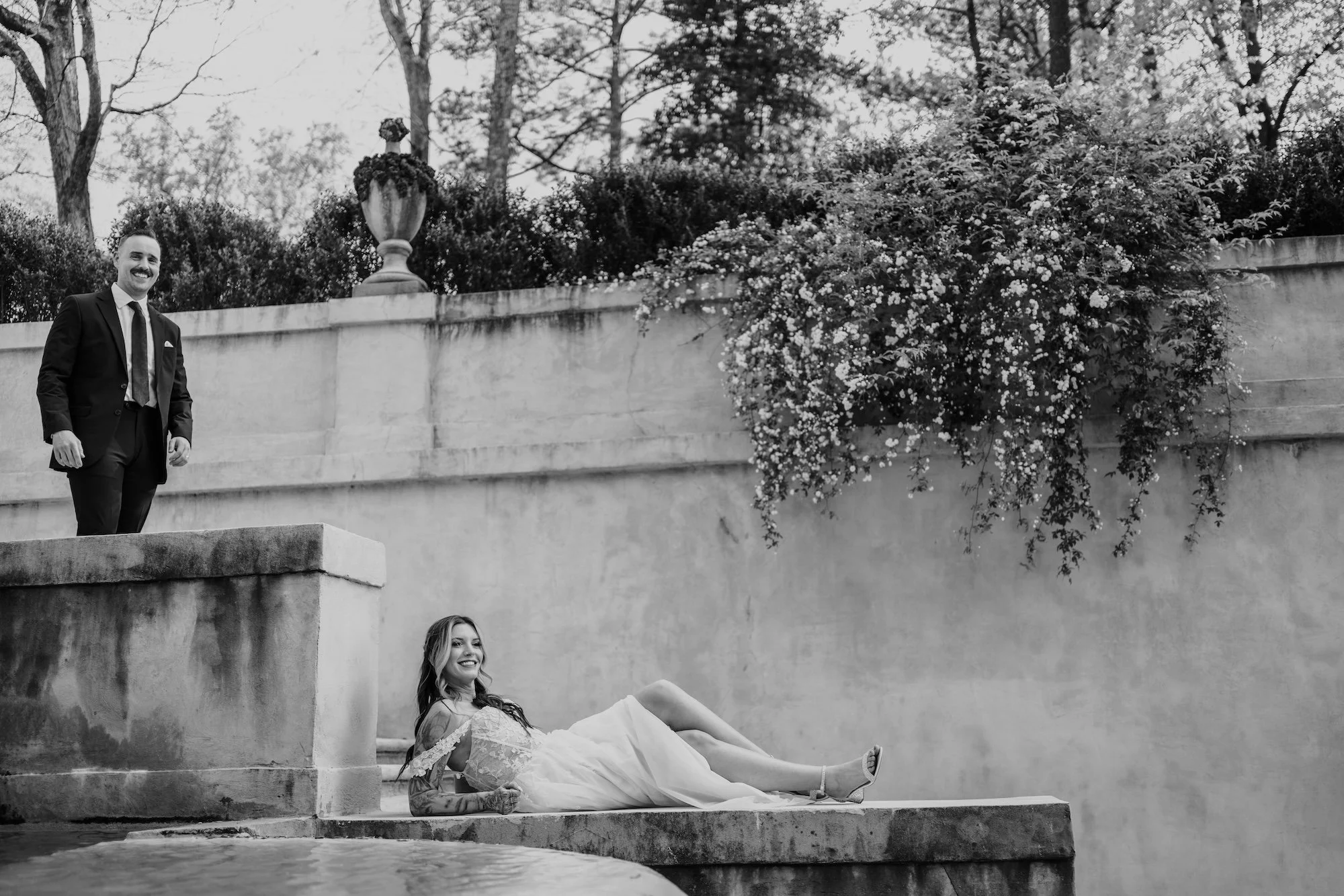 happy bride and groom during black and white portrait session - Lake Como inspired