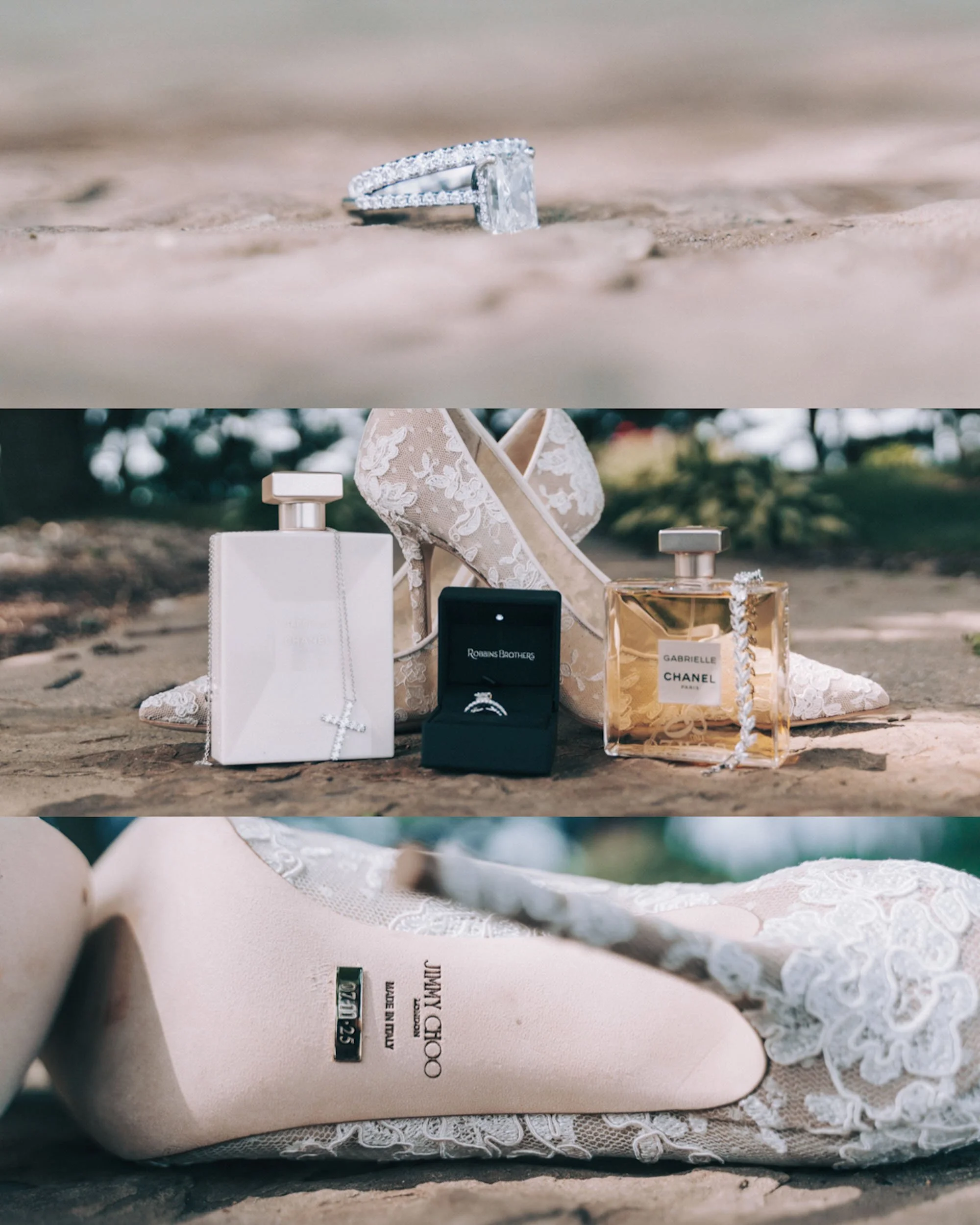 Flatlay of bridal heels, ring box, and Chanel perfume, styled detail captured with cinematic editorial focus