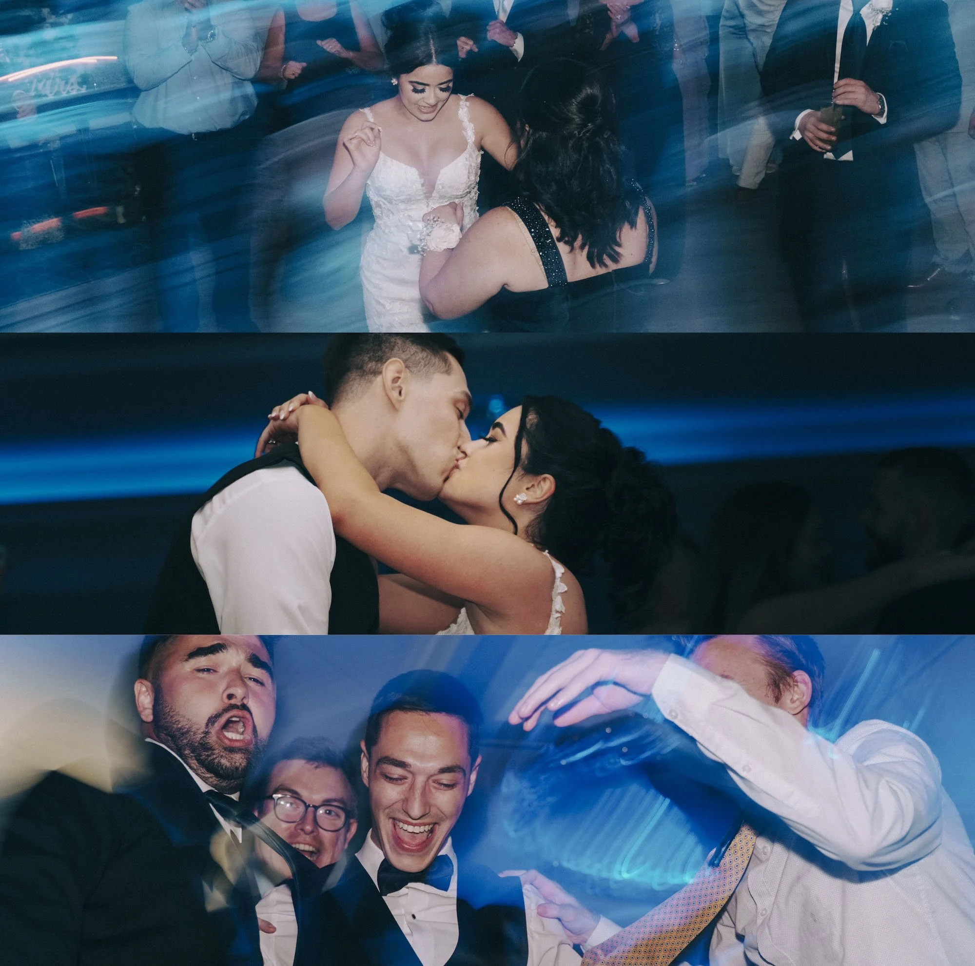 Couple shares a kiss on the dance floor surrounded by motion and light, captured in editorial rhythm inspired by Gotham Hall weddings