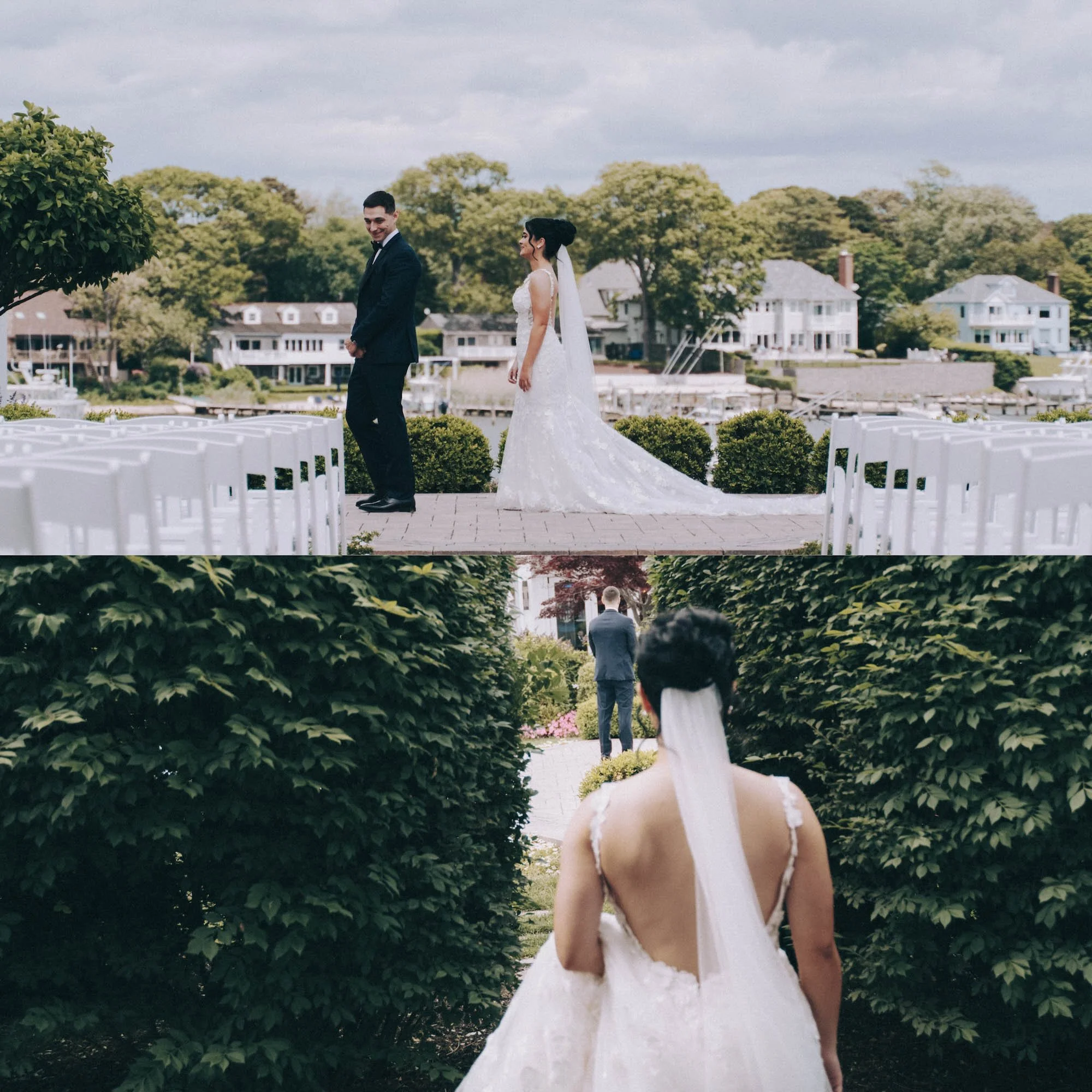 Bride and groom walking hand in hand during an outdoor ceremony, inspired by The Plaza Hotel’s editorial wedding photography, first look