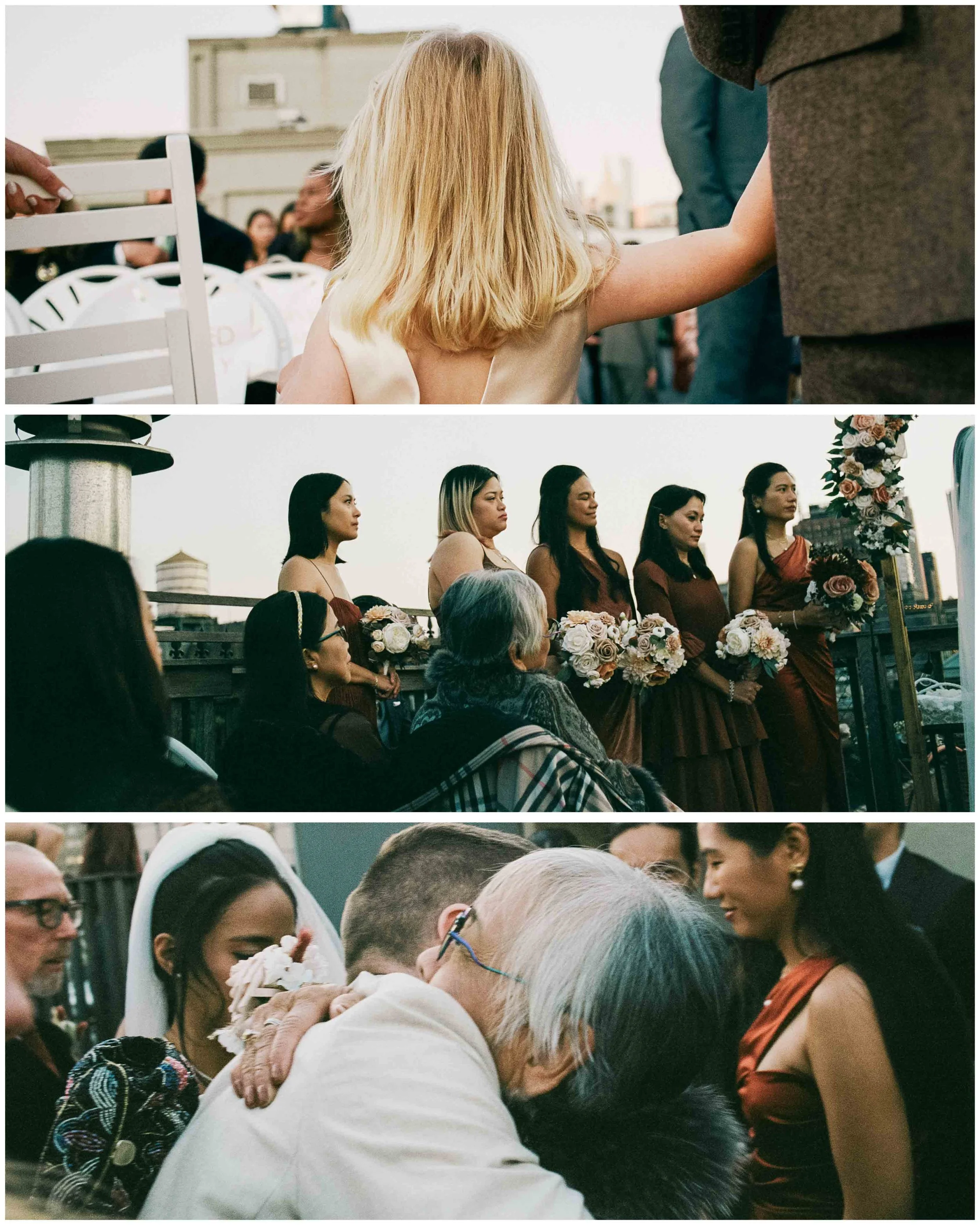 Bridesmaids standing in line, holding bouquets during the ceremony