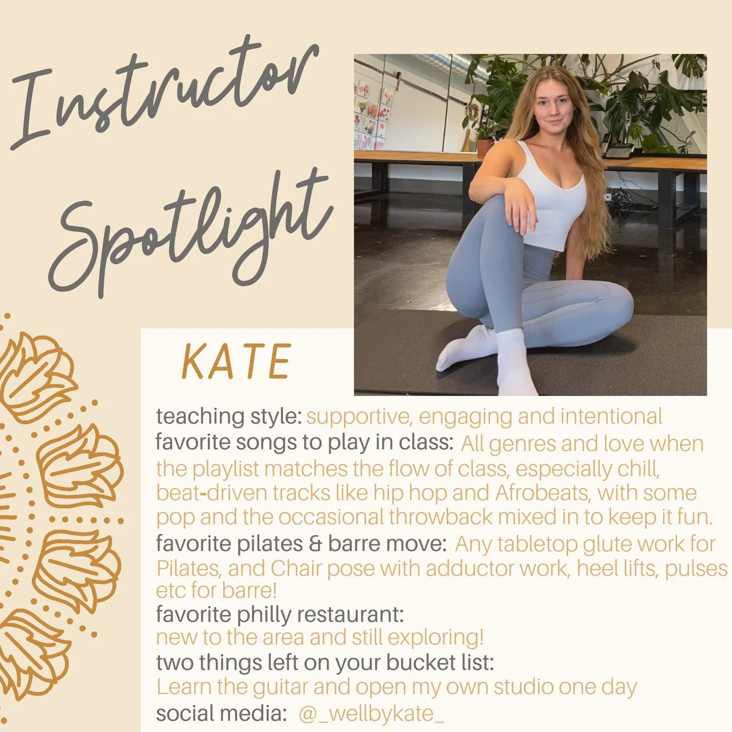 #MeetTheLumosTeam Meet @_wellbykate_ ✨⁠
⁠
Kate will be teaching Mat/Springboard Pilates and Reformer classes starting in September, and subbing Barre at Green and Parrish!⁠
⁠
Movement has always been central to Kate&rsquo;s life. Growing up competing