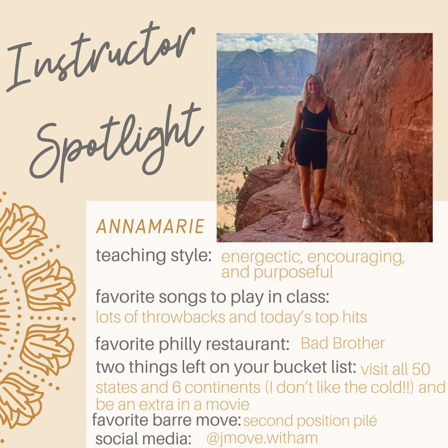 👋 MEET ANNMARIE 🌟
Movement has been part of AnnMarie&rsquo;s life from the very beginning. She grew up as a competitive dancer, explored a mix of sports, and eventually played college basketball until a knee injury shifted her path. After a long re