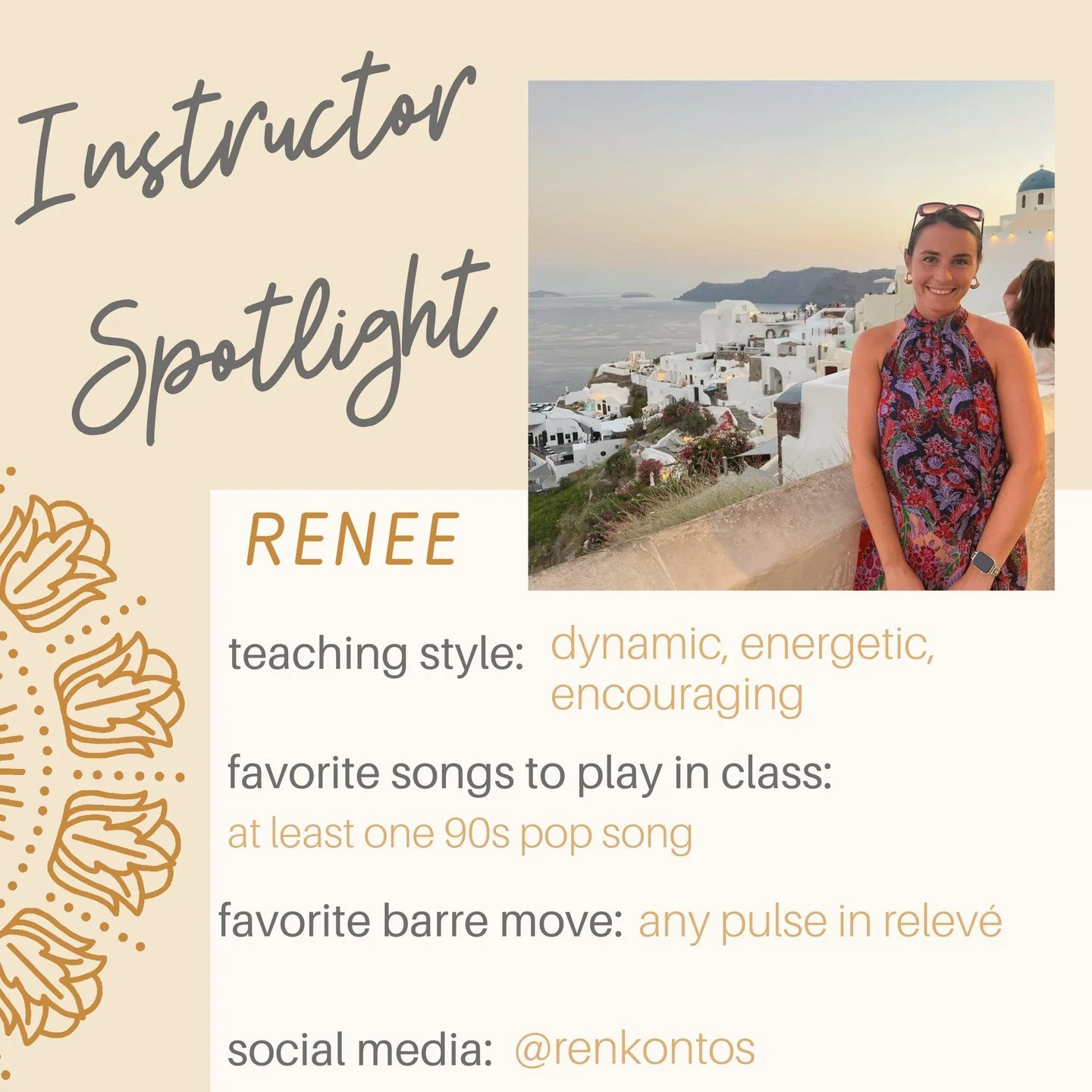 MEET RENEE ⭐️

Renee is all about movement and joy! She grew up dancing, picked up running in grad school, and after a minor hip injury, barre and Pilates became her way back to the body she loved. What started as rehab quickly turned into a passion.