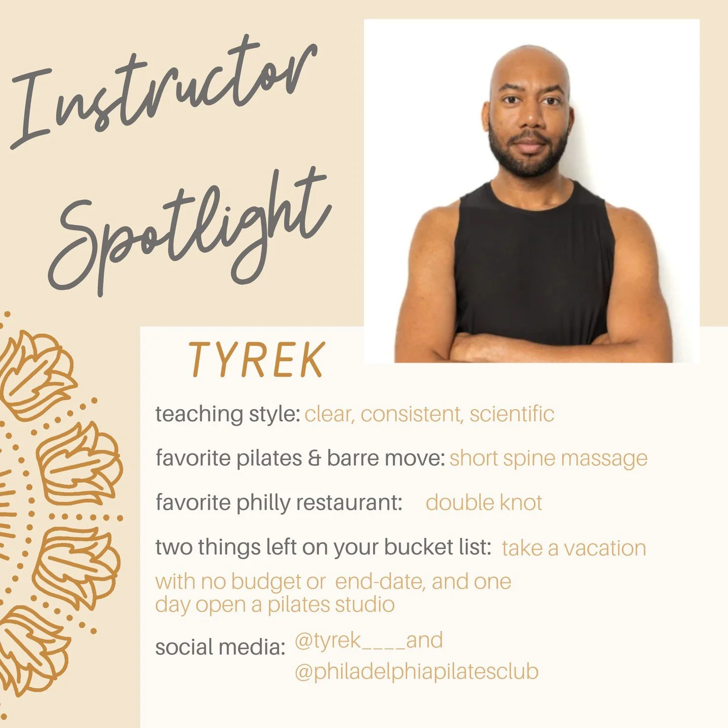 WELCOME TYREK!⁠
⁠
Tyrek is a classically and comprehensively trained Pilates instructor, certified through Peak Pilates&rsquo; Classical Comprehensive program. He began his fitness career as a strength training coach, work he continues today, though 