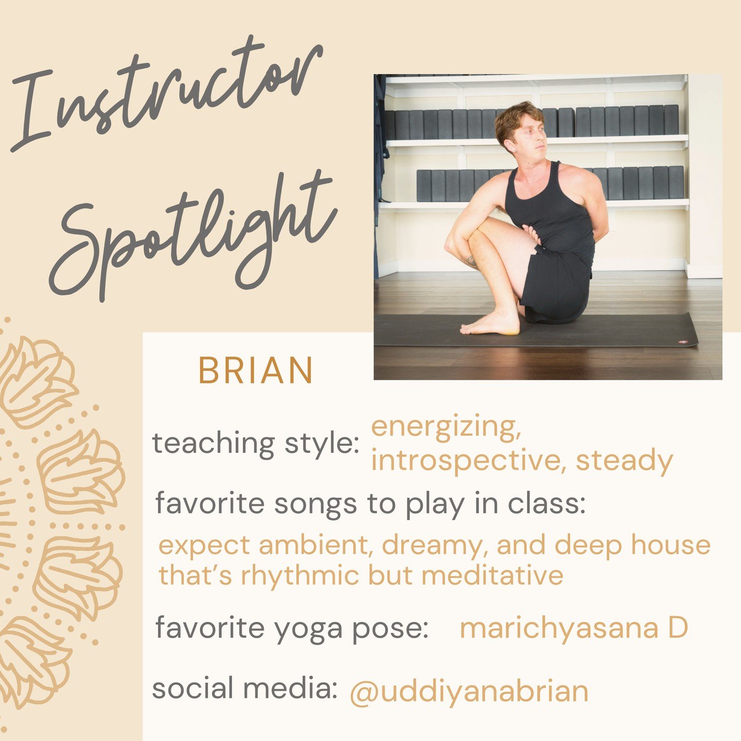 MEET BRIAN!⁠
⁠
Brian first discovered yoga during high school cross country in 2012, where the team practiced every Wednesday, sparking a connection that would continue to grow. ⁠
⁠
He graduated from Monarch Yoga School with his 200-hour RYT in May 2