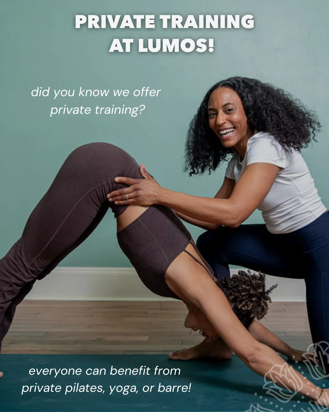 Did you know we offer Private Training at Lumos?

Everyone can benefit from private Pilates, yoga, or barre. One-on-one instruction allows your instructor to tailor the entire session to you. Whether you&rsquo;re recovering from an injury, new to a m