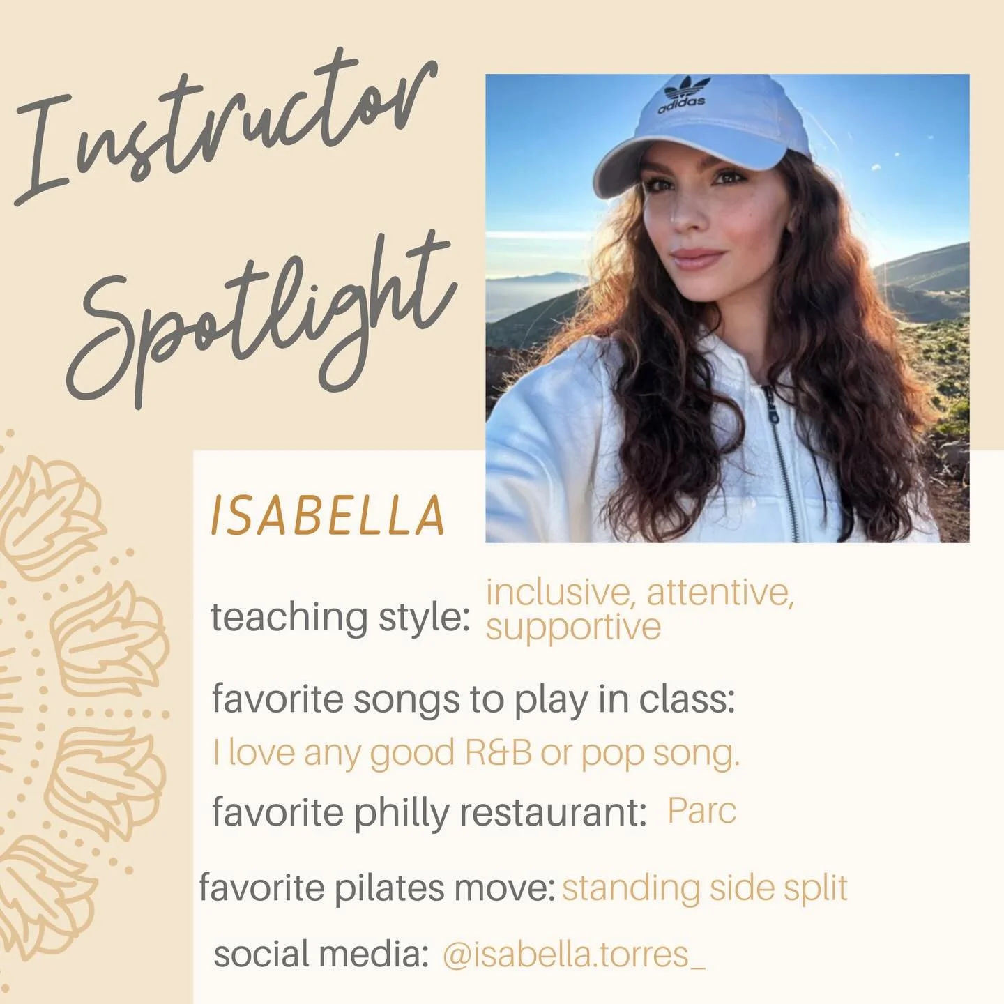 MEET ISABELLA👋🏼🌟

Isabella is a professional dancer who discovered Pilates at an early age as a tool for cross-training and injury prevention. At age 13, she took her first Pilates private and quickly fell in love with the method. In 2022, she com