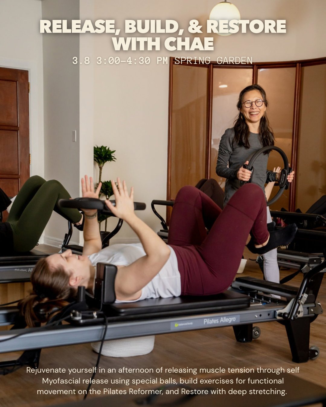 Restore with @chaeyang1 in an afternoon of releasing muscle tension through self Myofascial release using special balls, build exercises for functional movement on the Pilates Reformer, and Restore with deep stretching. 

Balls will be provided to us