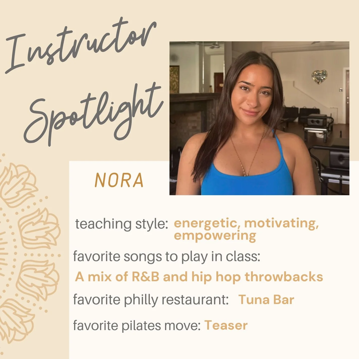 WELCOME NORA! @pilatesbynor 

Nora spent 10 years working in restaurants and bars in the city before discovering her passion for fitness. After four years of dedicated practice and teaching, she found her true calling in Pilates. Nora is a Philadelph