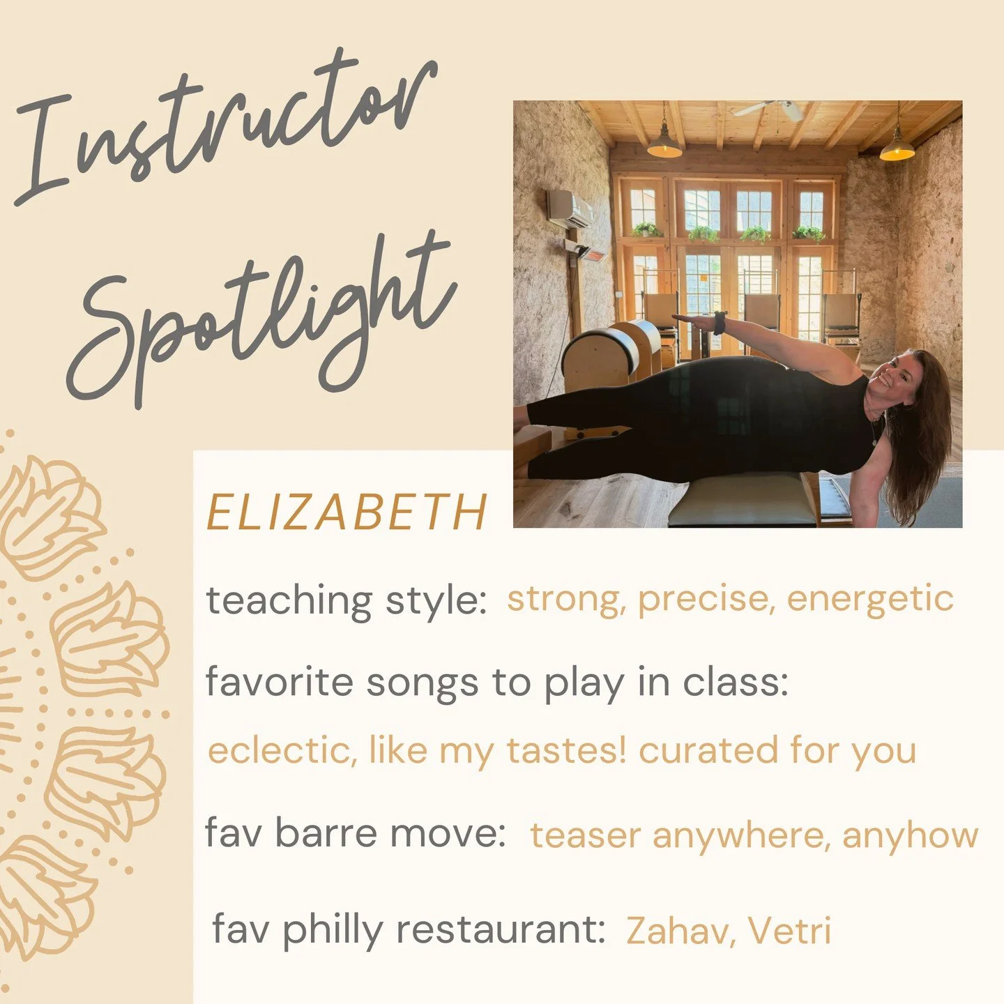 MEET ELIZABETH 🤩⁠
⁠
@ealivingston is a Peak Pilates Classical Comprehensive Instructor Trainee who is building on years of personal practice and who believes Pilates instructors forever are students who continue to learn from their teachers and deep