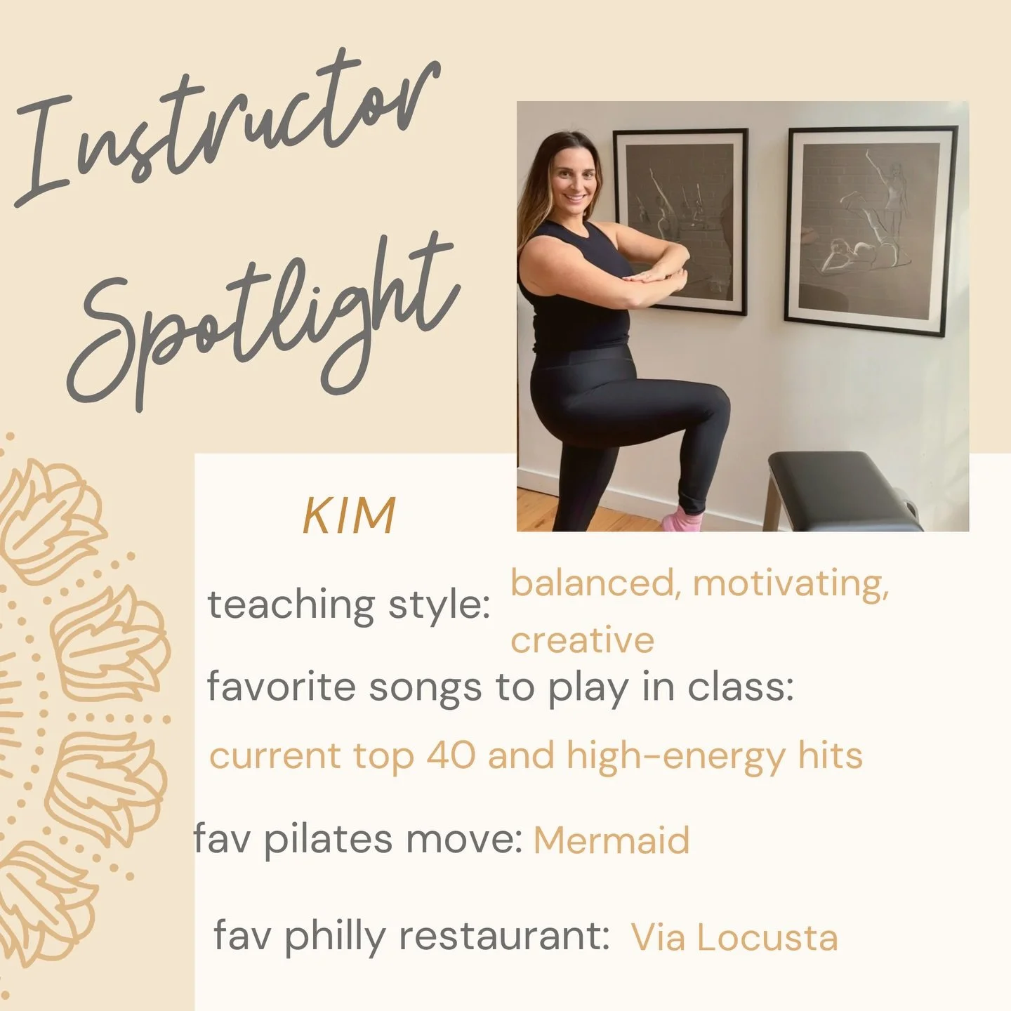 WELCOME KIM 👋

Kim is a Peak Pilates certified instructor (Level 1) with a strong passion for movement and Pilates. She brings a positive, supportive energy to her classes and loves helping clients feel strong and confident through movement. Outside