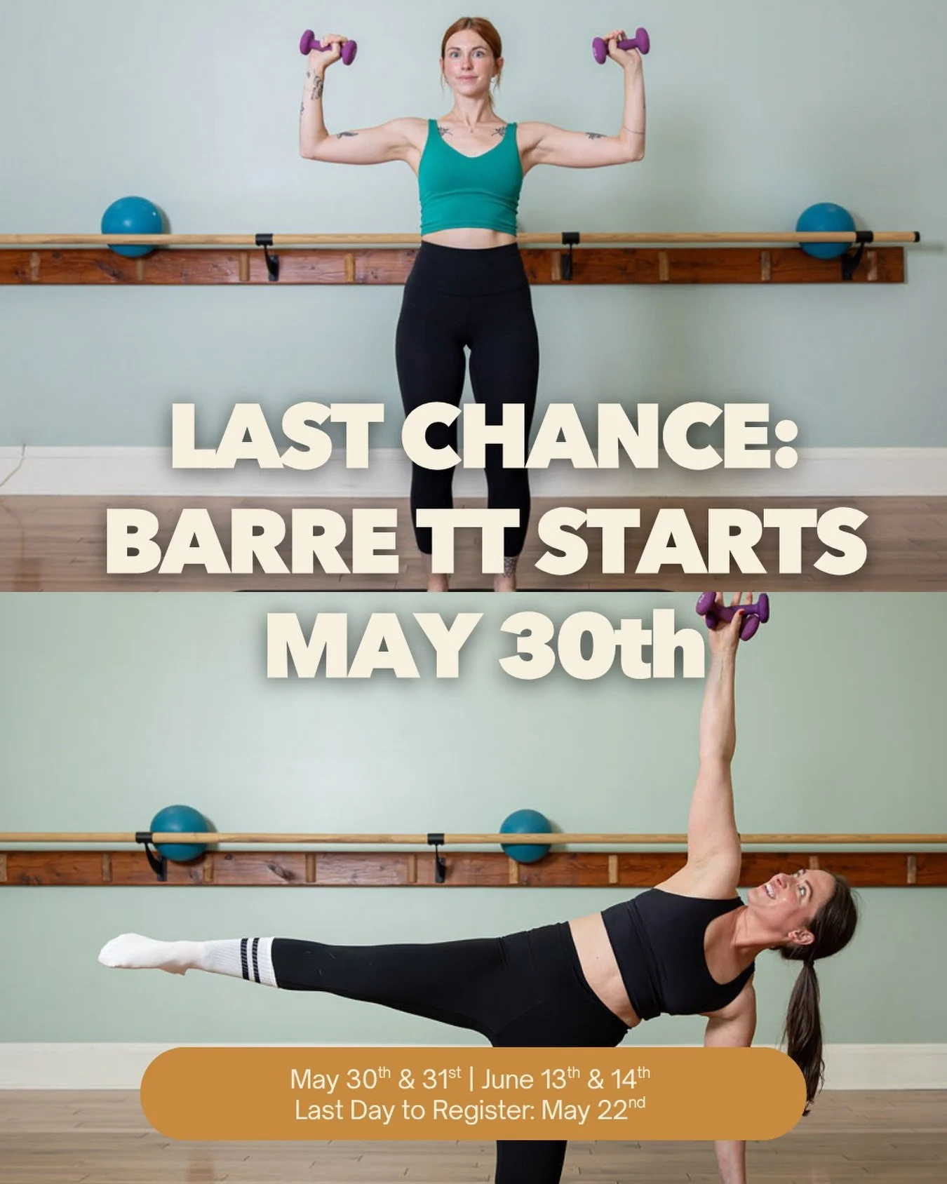 LAST CHANCE FOR REGISTRATION! 

Barre YTT begins May 30th with Lumos Instructors Sara Houser and Jessica Reinhardt, perfect way to take your love for Barre to the next level ⭐️ This is our only YTT for year, the next one won&rsquo;t be offered until 