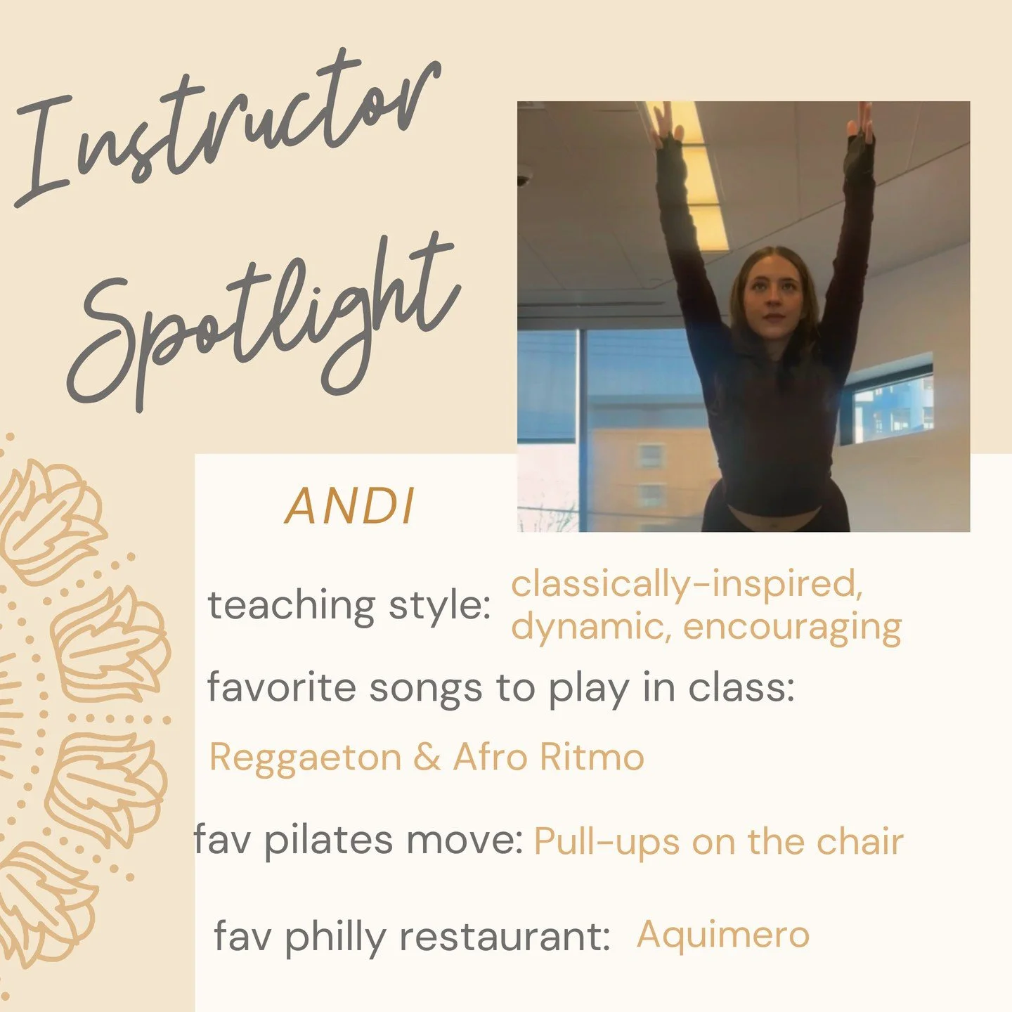 MEET ANDI!

If there's Reggaeton on the playlist, chances are Andi is teaching&mdash;but don't let the music fool you. For Andi, Pilates is more than a workout. It's an opportunity to tune out the noise, step away from the demands of everyday life, a