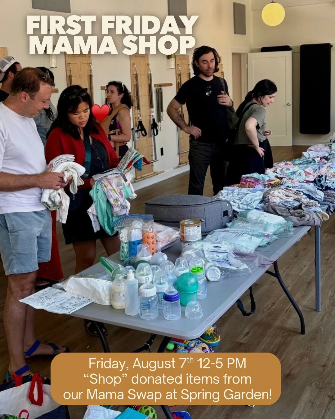 Mama Shop opens this Friday!

&ldquo;Shop&rdquo; donations from past swaps at the studio for all your mama needs 🐣🍼 Friday, August 7th 12-5 PM at our Spring Garden location. 

Please note we are not accepting new donations at this time. Donations w