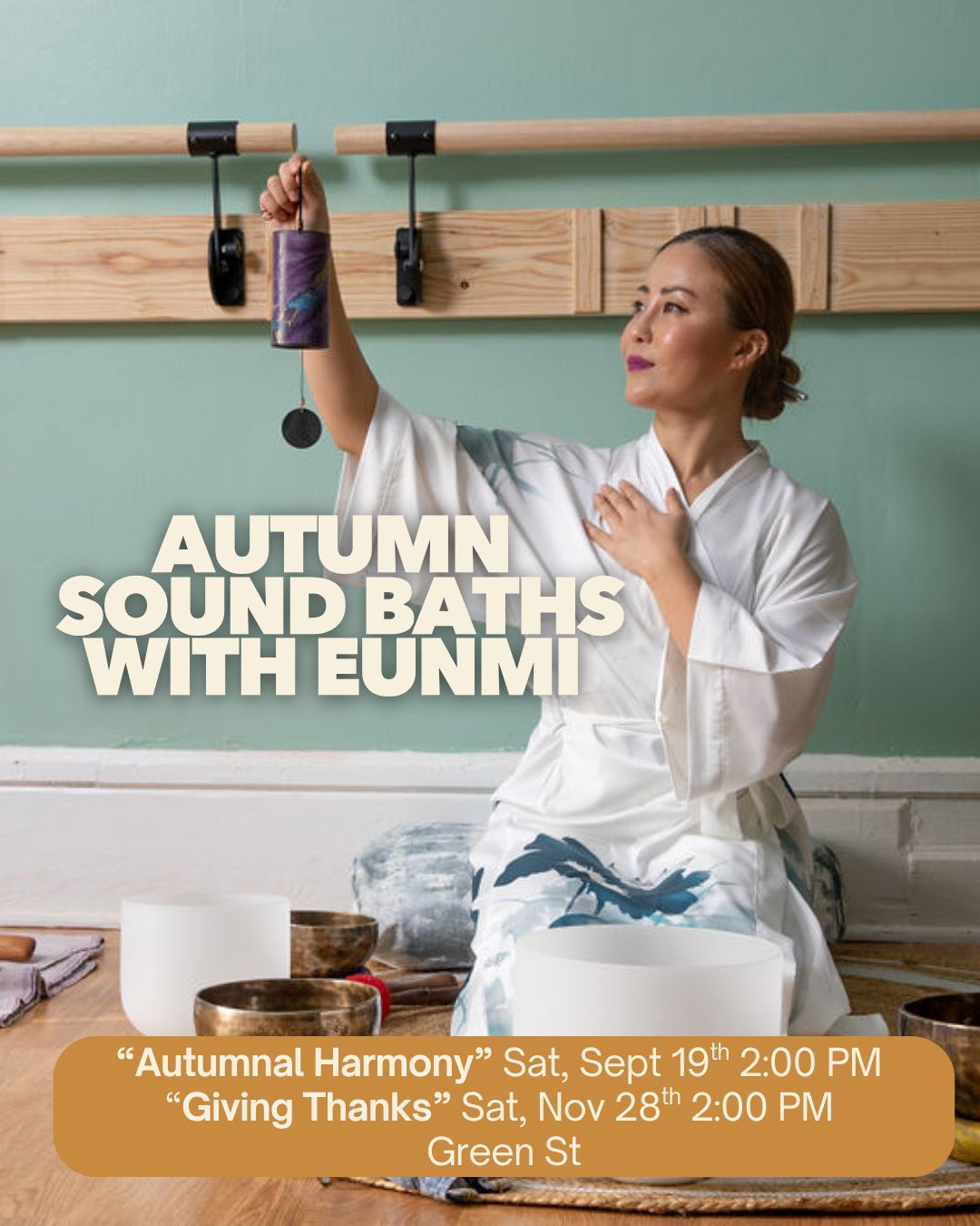 As time slows down in the Autumn, so do we 🍂🍁

This season, @eunmis_soundhealing_yoga brings two seasonal offerings &ldquo;Autumnal Harmony&rdquo; and &ldquo;Giving Thanks&rdquo; &mdash; two 60 minute immersive sound baths (in Savasana pose) 

Welc
