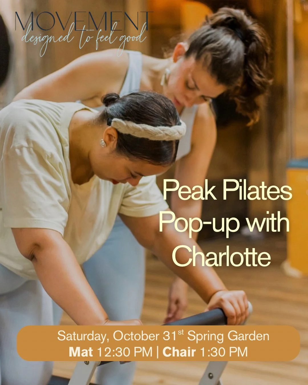Join us on October 31st for 2 special pop-up Pilates classes with Master Instructor Charlotte Rosen!

Charlotte is the owner of @movementdesignedtofeelgood, a Pilates studio located in Glenmoore, PA. Charlotte is a Peak Pilates Level 3 Master Instruc