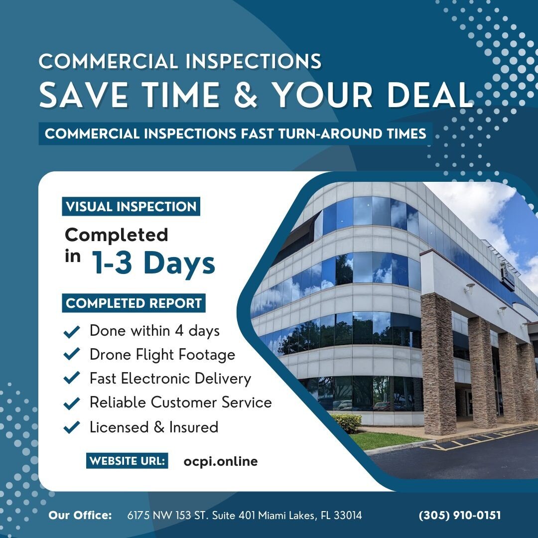 At OCPI, we take our client's time very serious. We strive to have our commercial reports completed in a timely and efficient manner. If you have any questions, send us a DM! 
#commercial #inspector #homeinspector #southflhousing #fourpoint #Westpalm