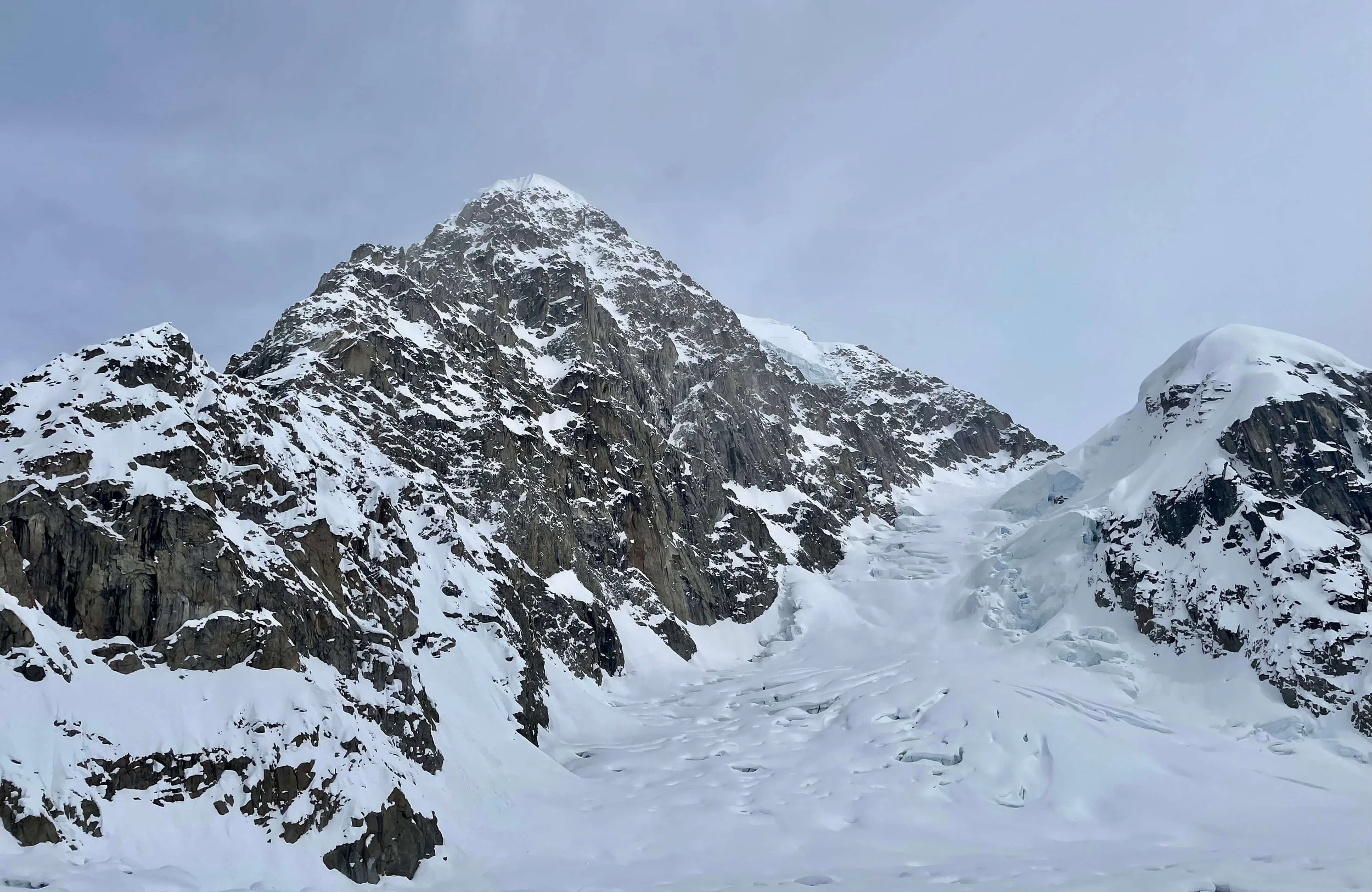 View of the Southwest Ridge of Peak 11,300 from basecamp on the West Fork of the Ruth Glacier.