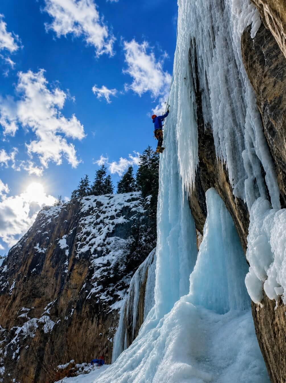A climber is swinging his ice tool on a steep pillar in Rifle Mountain Park.