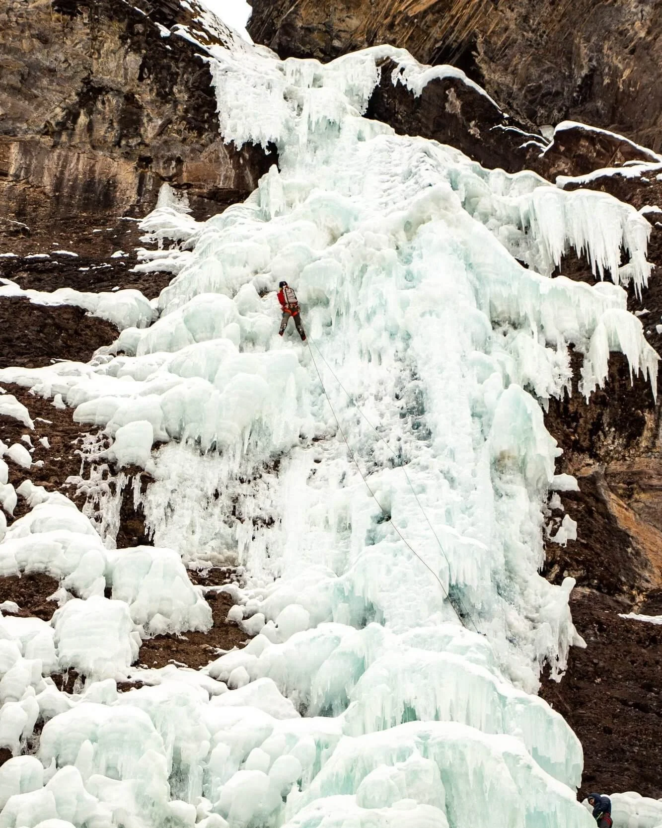 Ice climbing on the impressive Bridalveil Falls in Telluride, Colorado.