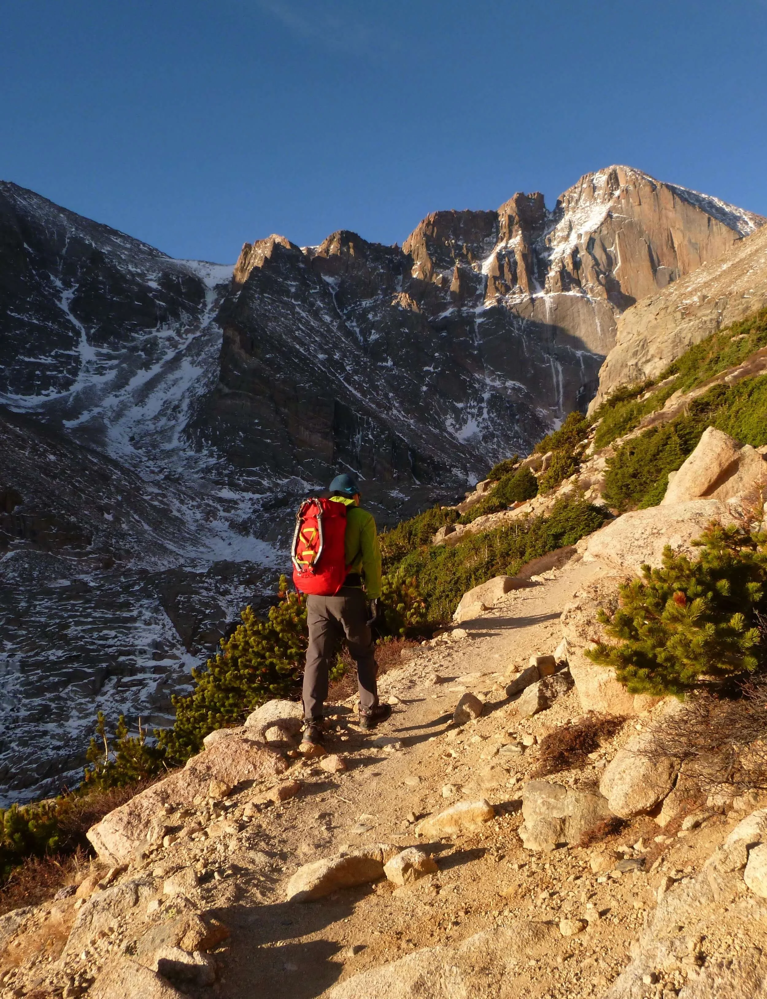 Approaching Chasm Lake at sunrise on the way to Alexander's Chimney.