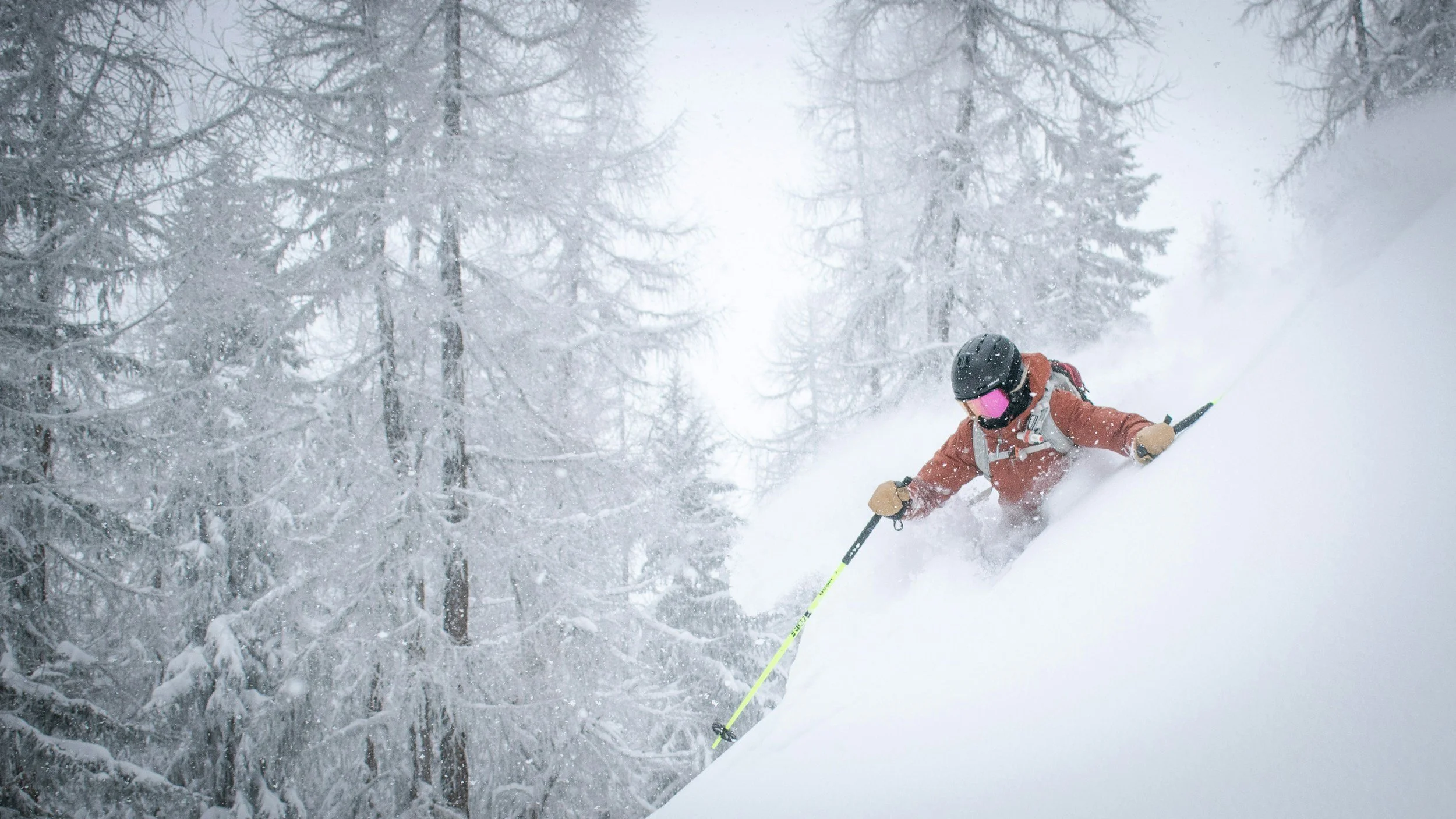 A skier in an orange jacket turns in deep powder with snowy trees in the background.